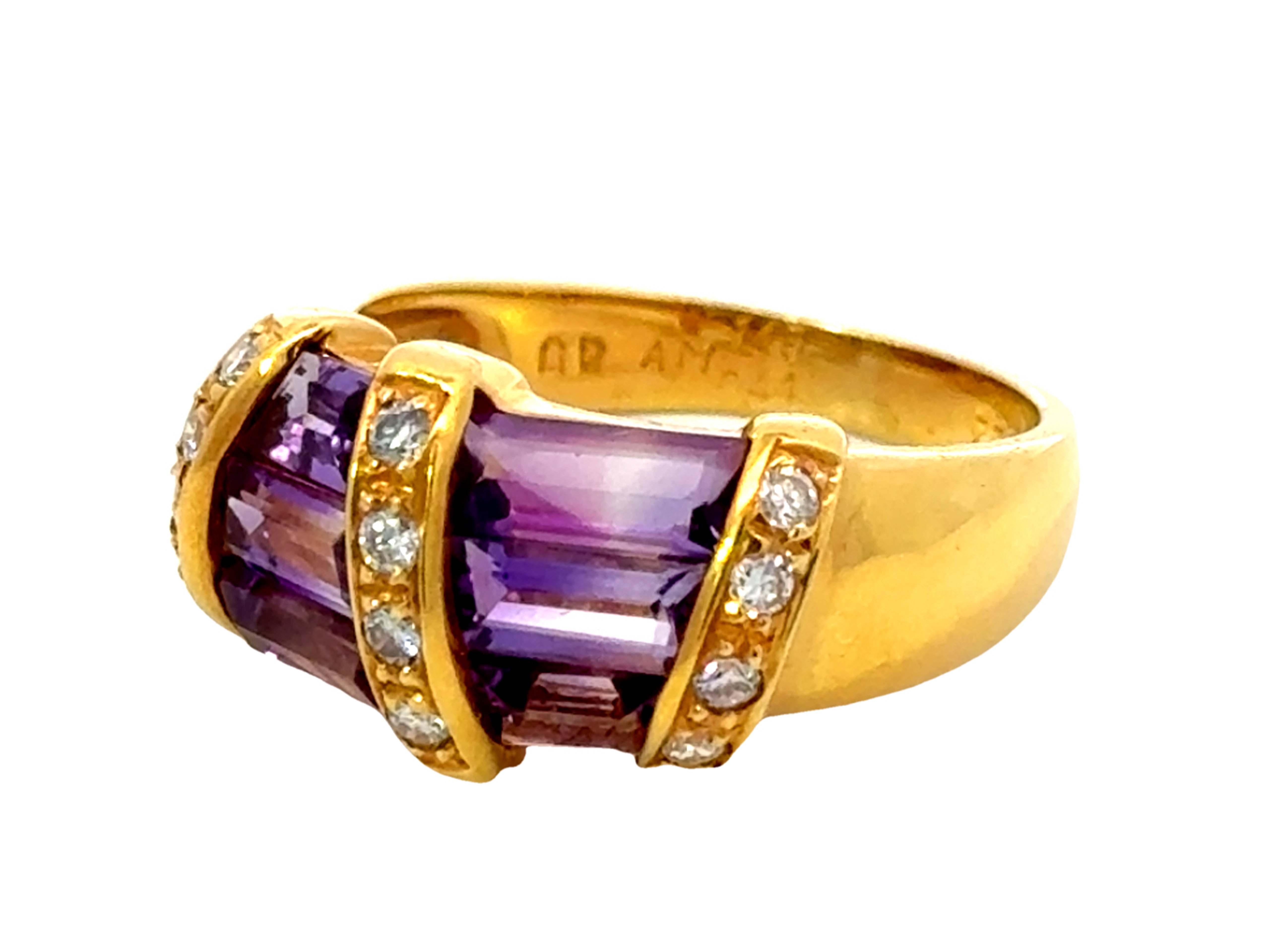 Emerald Cut Amethyst Diamond Band Ring 18k Yellow Gold For Sale