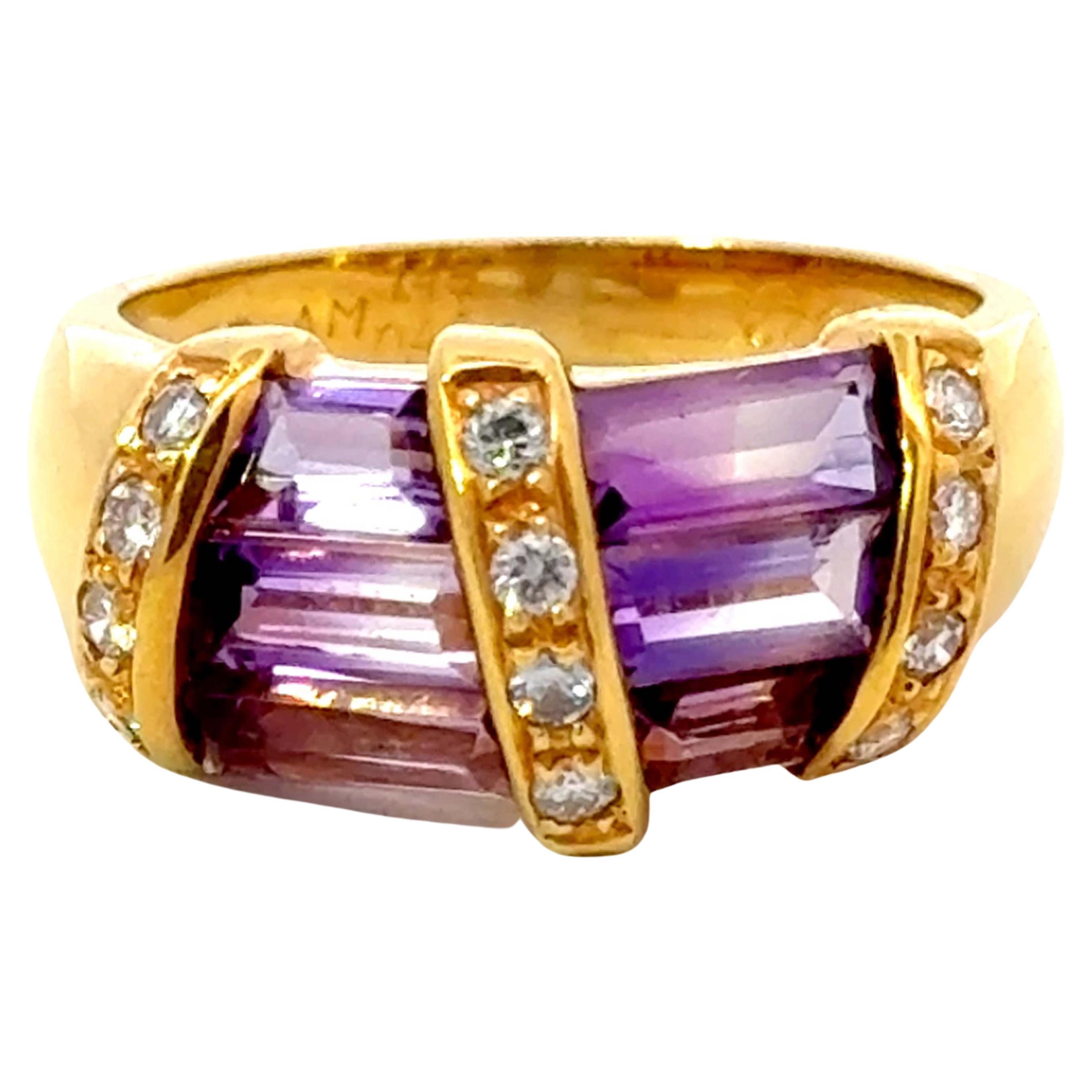 Amethyst Diamond Band Ring 18k Yellow Gold For Sale