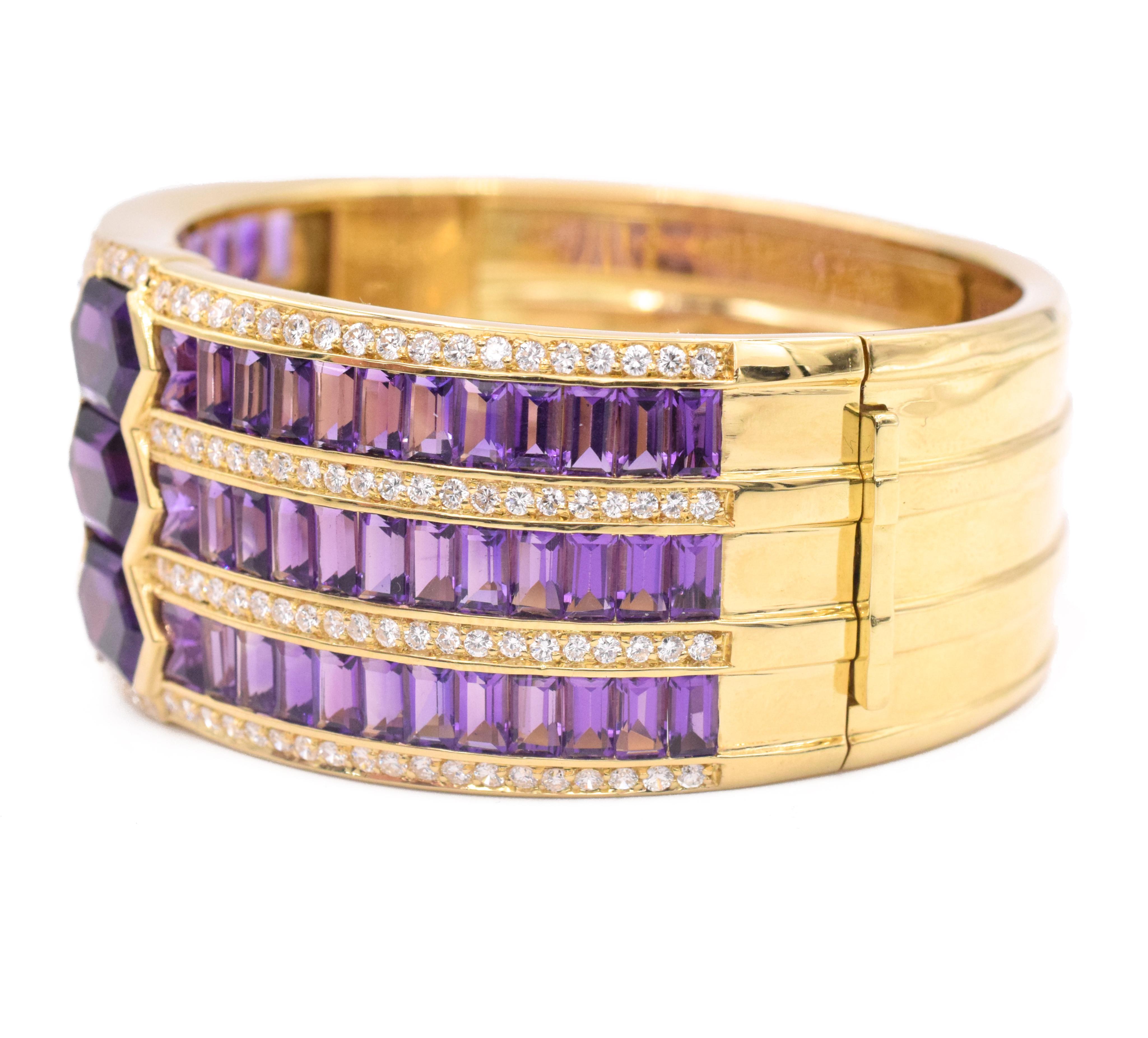 Amethyst & Diamond bangle bracelet . The bracelet is channel set with 66 baguette cut, 3 hexagon and 6 geometrical amethysts. Surrounded by 168 round brilliant cut diamonds weighing total of approx. 5carats pave set   in 18k yellow gold. 
Width: 1