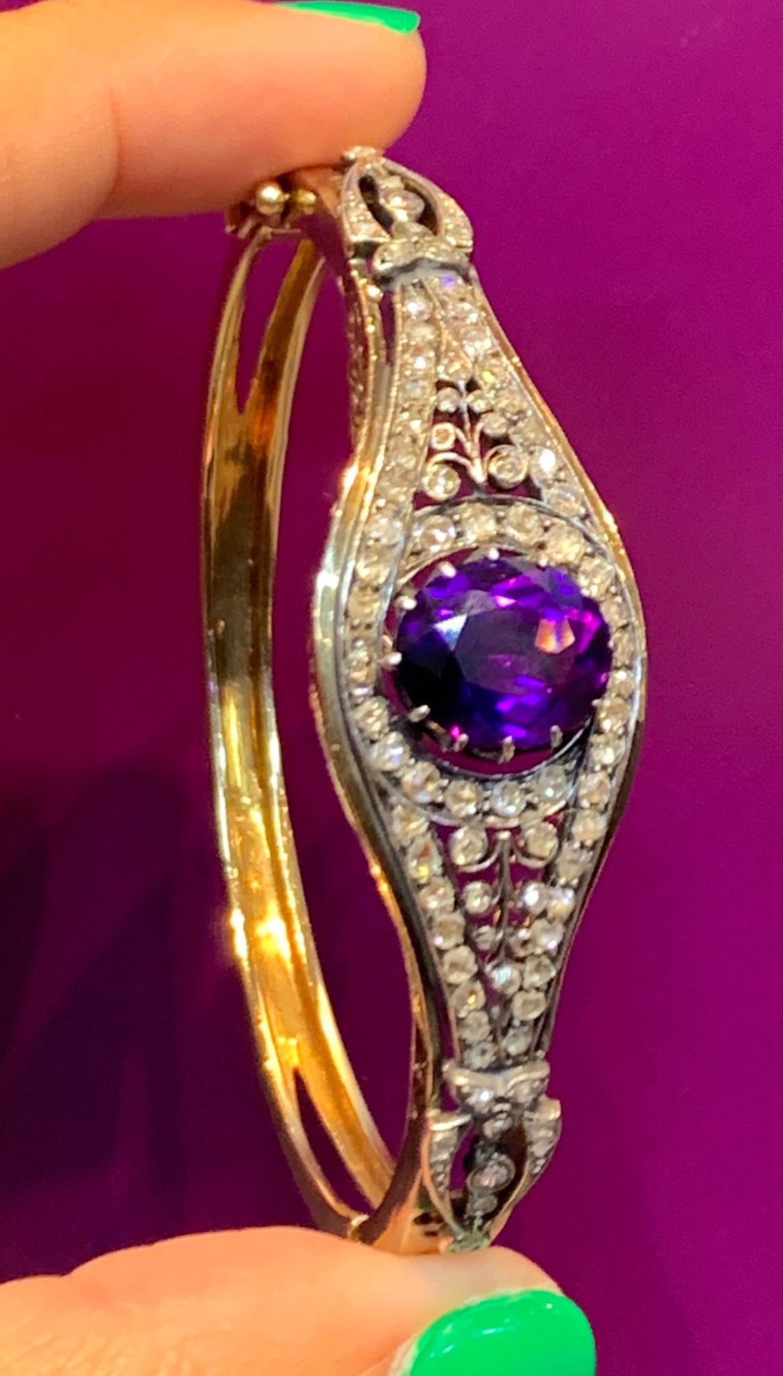 Amethyst & Rose Diamond Bangle Bracelet 14K Yellow Gold
26.9 Grams 
85 diamonds total 
2.5