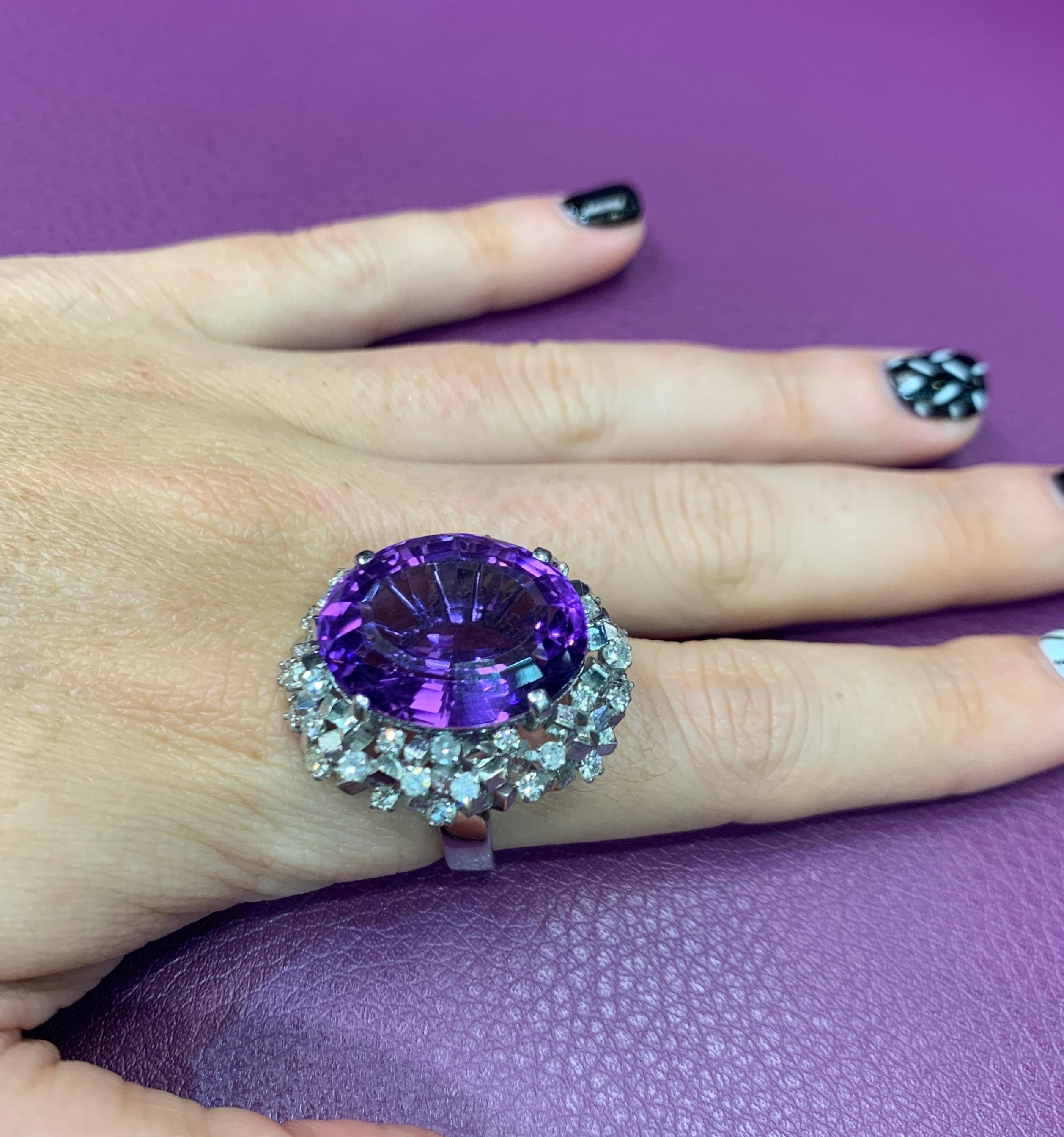 Amethyst & Diamond Cocktail Ring 
Amethyst approximate Weight: 20 carat
Ring Size: 9.5
Re-sizable free of charge 
14 karat white gold