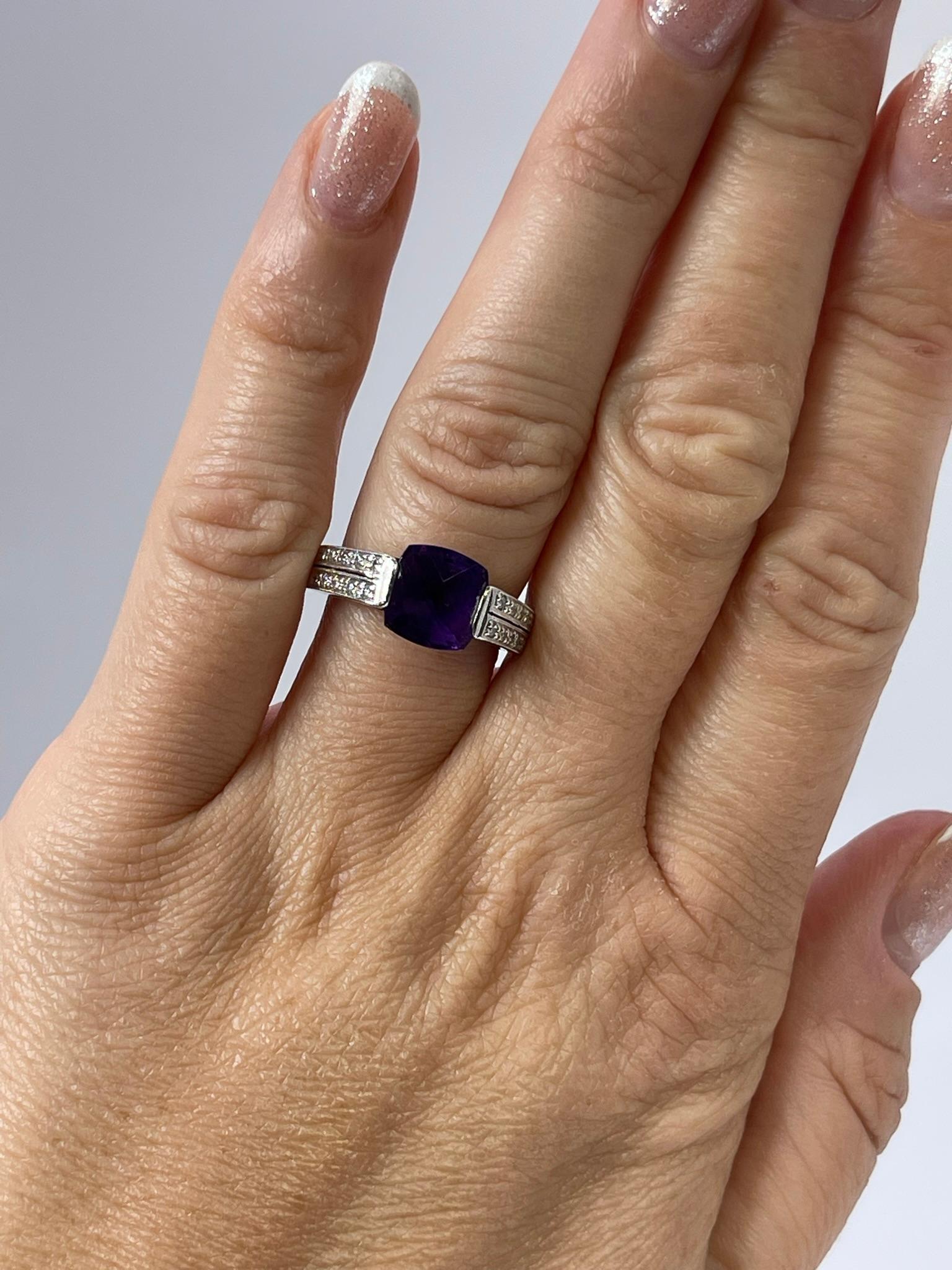 Amethyst & Diamond Cocktail Ring Purple Gemstone Diamond Ring 14kt White Gold For Sale 4