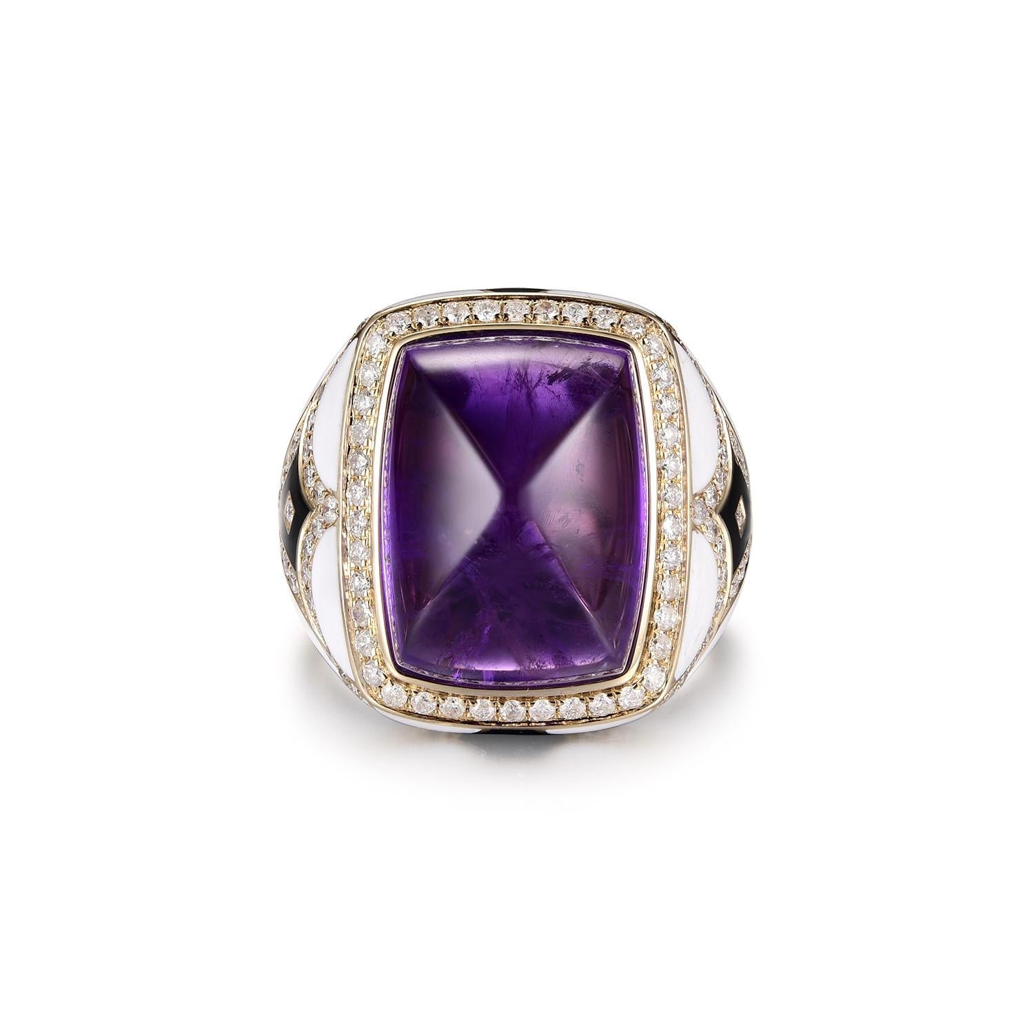 This cocktail ring feature a 15.10 carat sugarloaf amethyst, assented with 0.83 carat of diamonds on the halo and the shoulder of the ring. The body of the ring is applied with black and white enamel. An eye catching piece for any occasion. Ring is