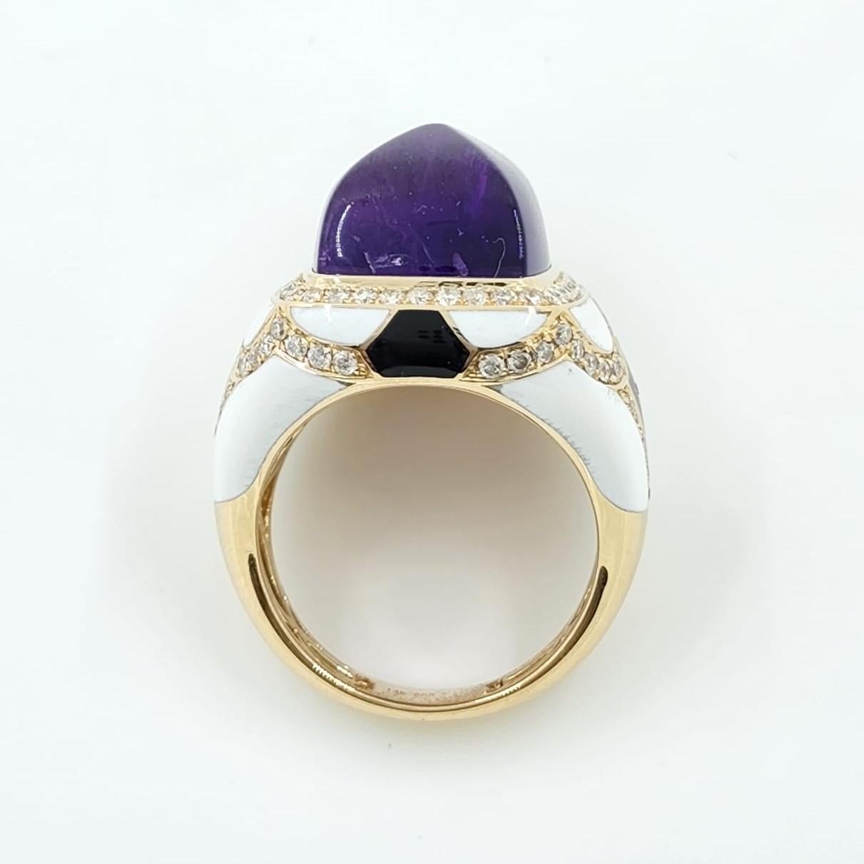 Sugarloaf Cabochon Amethyst Diamond Cocktail Ring with Enamel in 14 Karat Yellow Gold