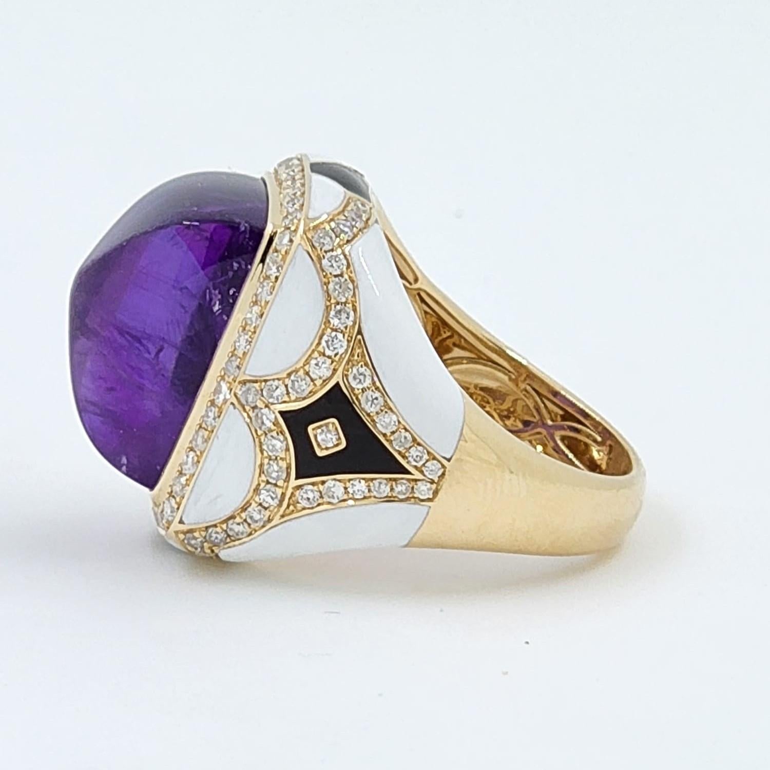 Amethyst Diamond Cocktail Ring with Enamel in 14 Karat Yellow Gold In New Condition In Hong Kong, HK