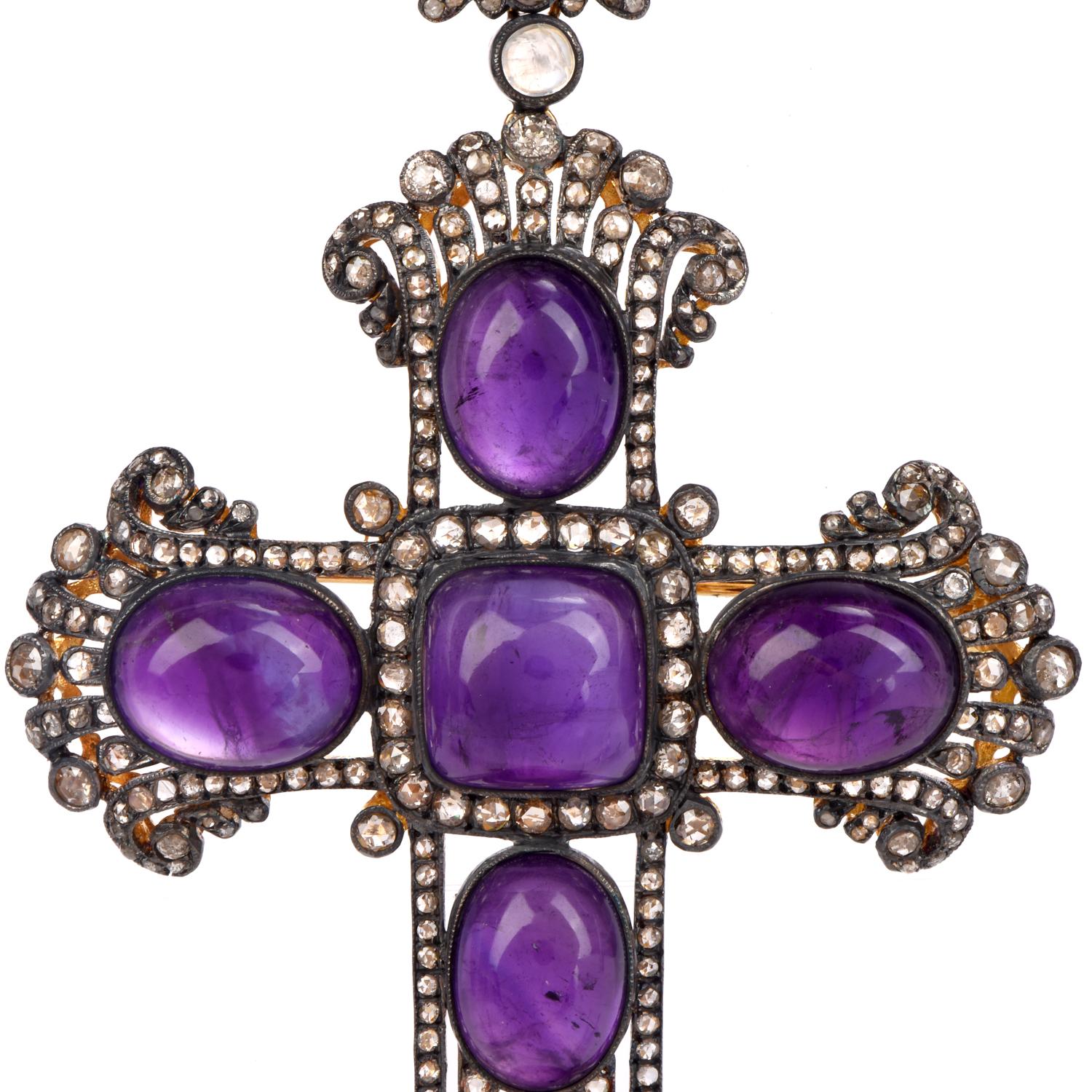 Victorian Amethyst Diamond Cross Pendant Enhancer Pin Brooch