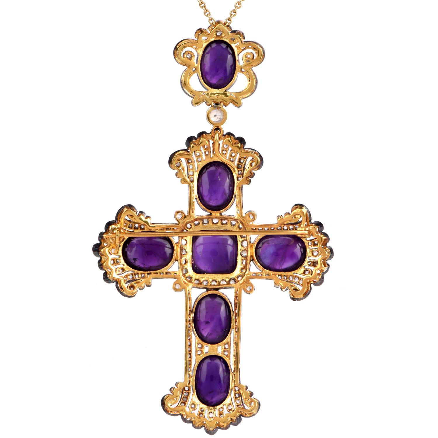 Women's or Men's Amethyst Diamond Cross Pendant Enhancer Pin Brooch