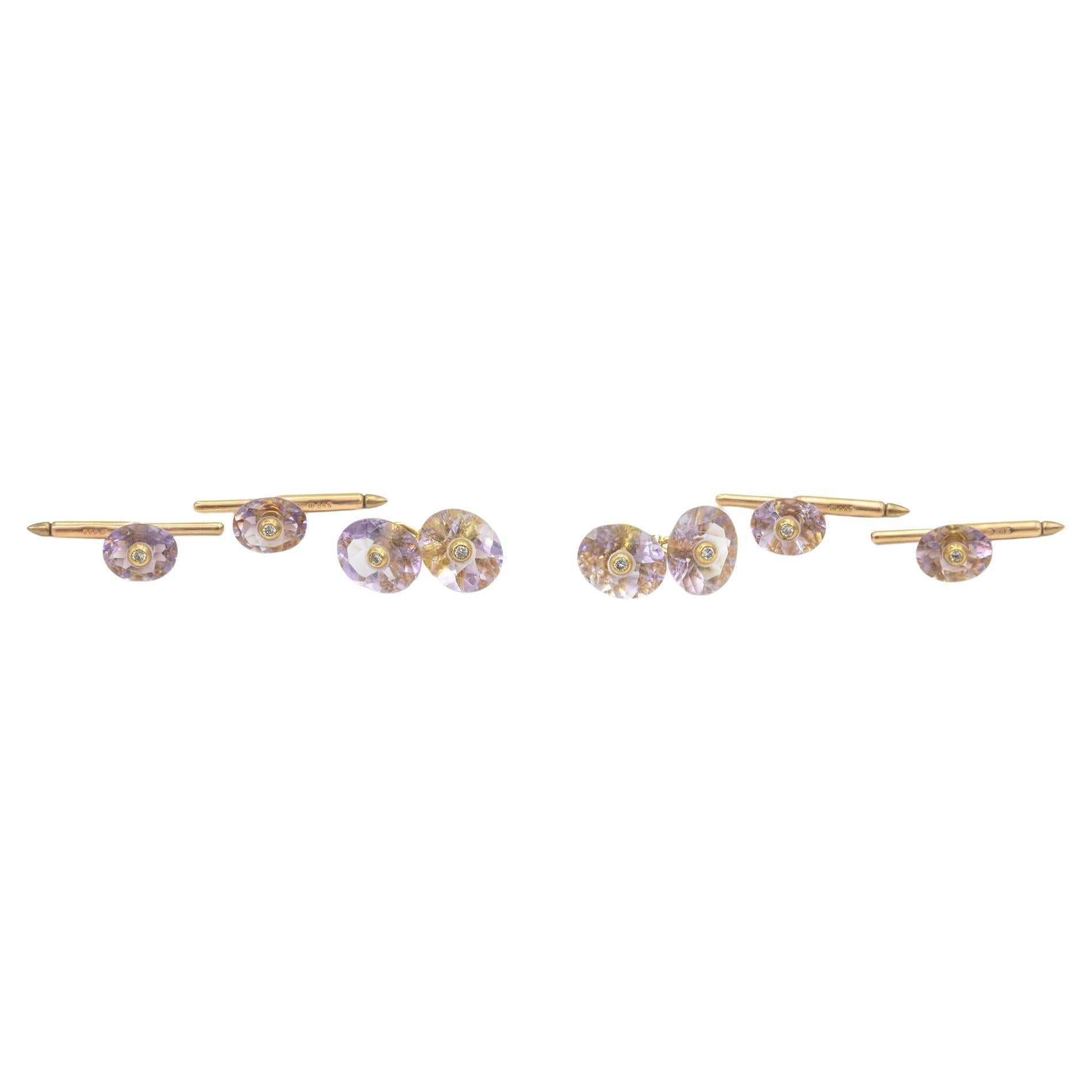 Amethyst Diamond Cufflinks and Stud Gold Tuxedo Dress Set For Sale