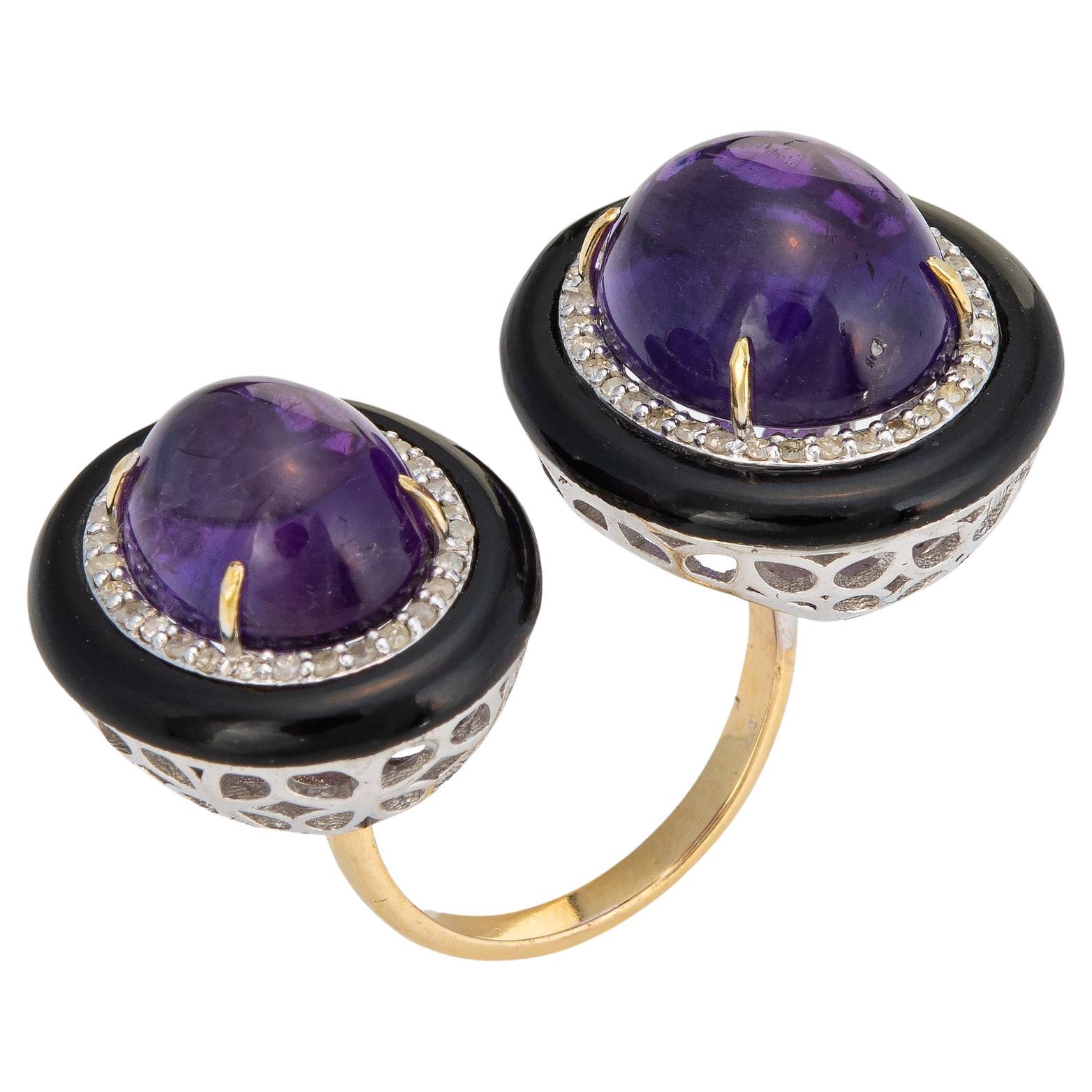 Amethyst Diamond Double Ring Estate Enamel 14k Gold Silver Two Orbs Sz ...