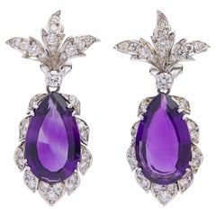 Amethyst & Diamond Drop Earrings in 14 Karat White Gold