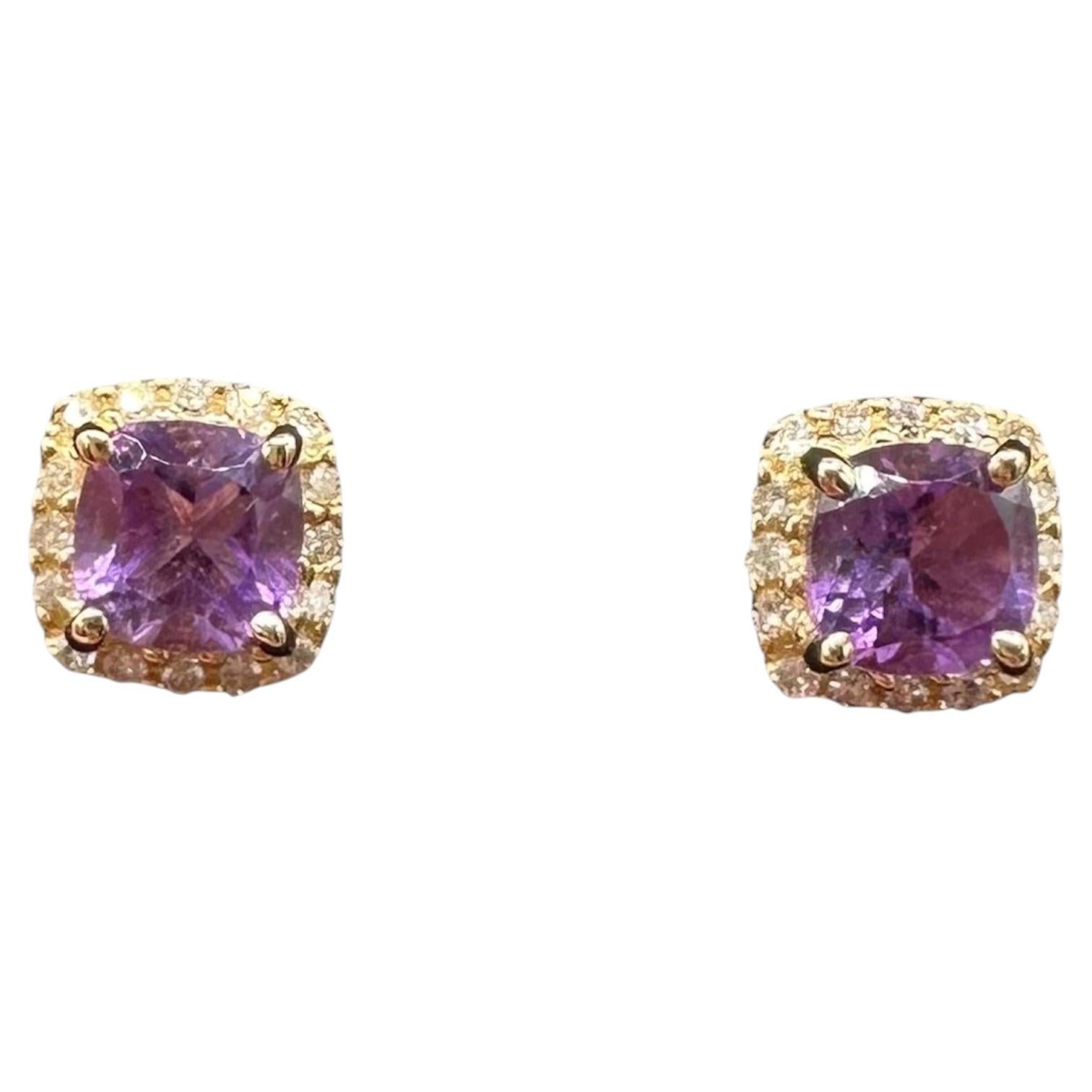 Amethyst-Diamant-Ohrringe 10K Gelbgold Kissenschliff 0,15ctw Neu