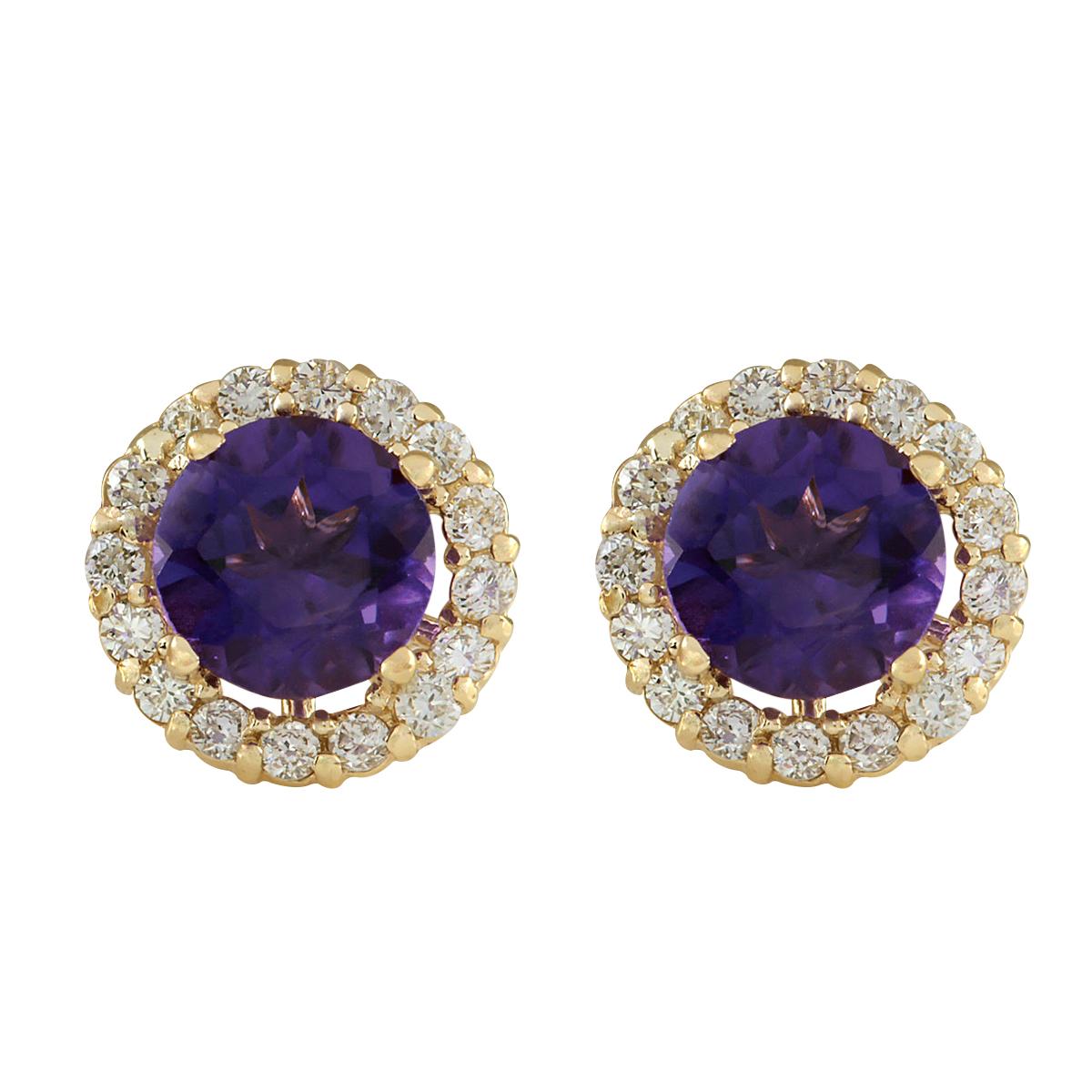 Round Cut Amethyst Diamond Earrings In 14 Karat Yellow Gold For Sale