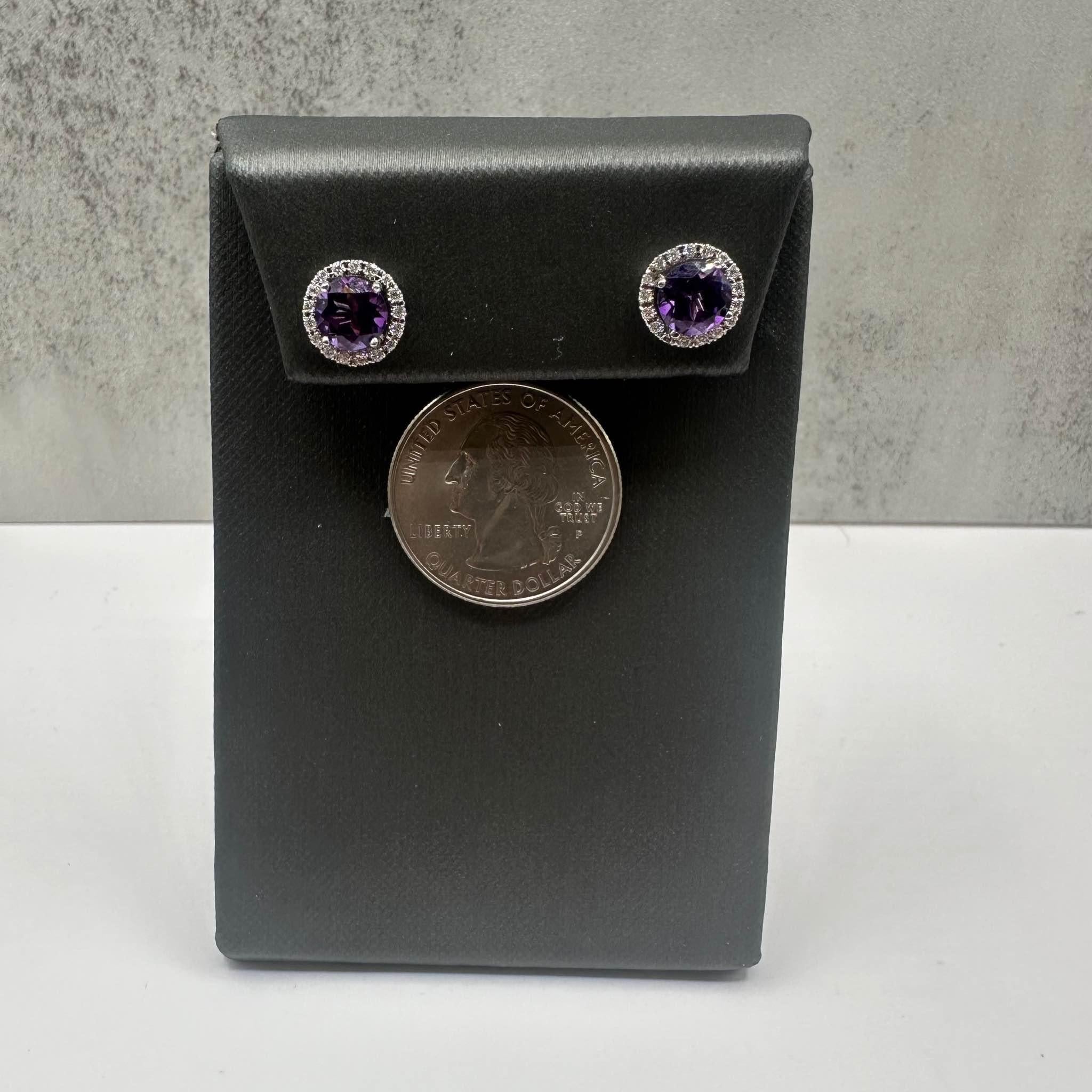 Amethyst & Diamond Earrings in 14kt White Gold - 6.5mm Amethyst, 0.2ctw Diamonds In Excellent Condition For Sale In West Hempstead, NY