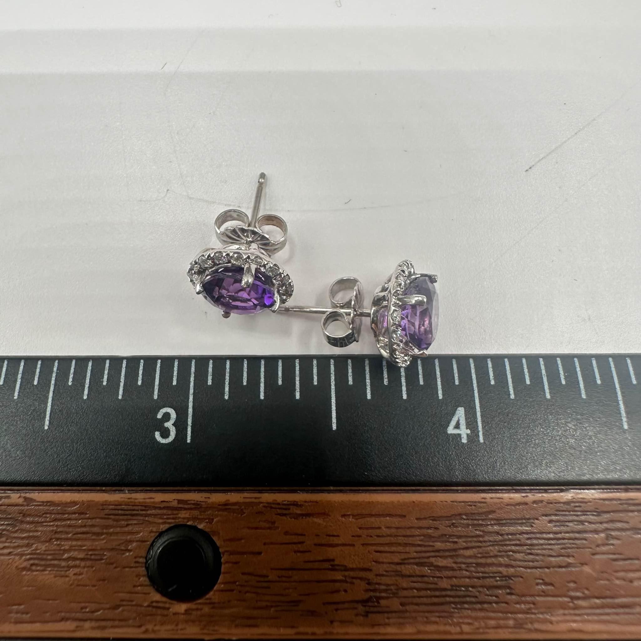 Women's Amethyst & Diamond Earrings in 14kt White Gold - 6.5mm Amethyst, 0.2ctw Diamonds For Sale
