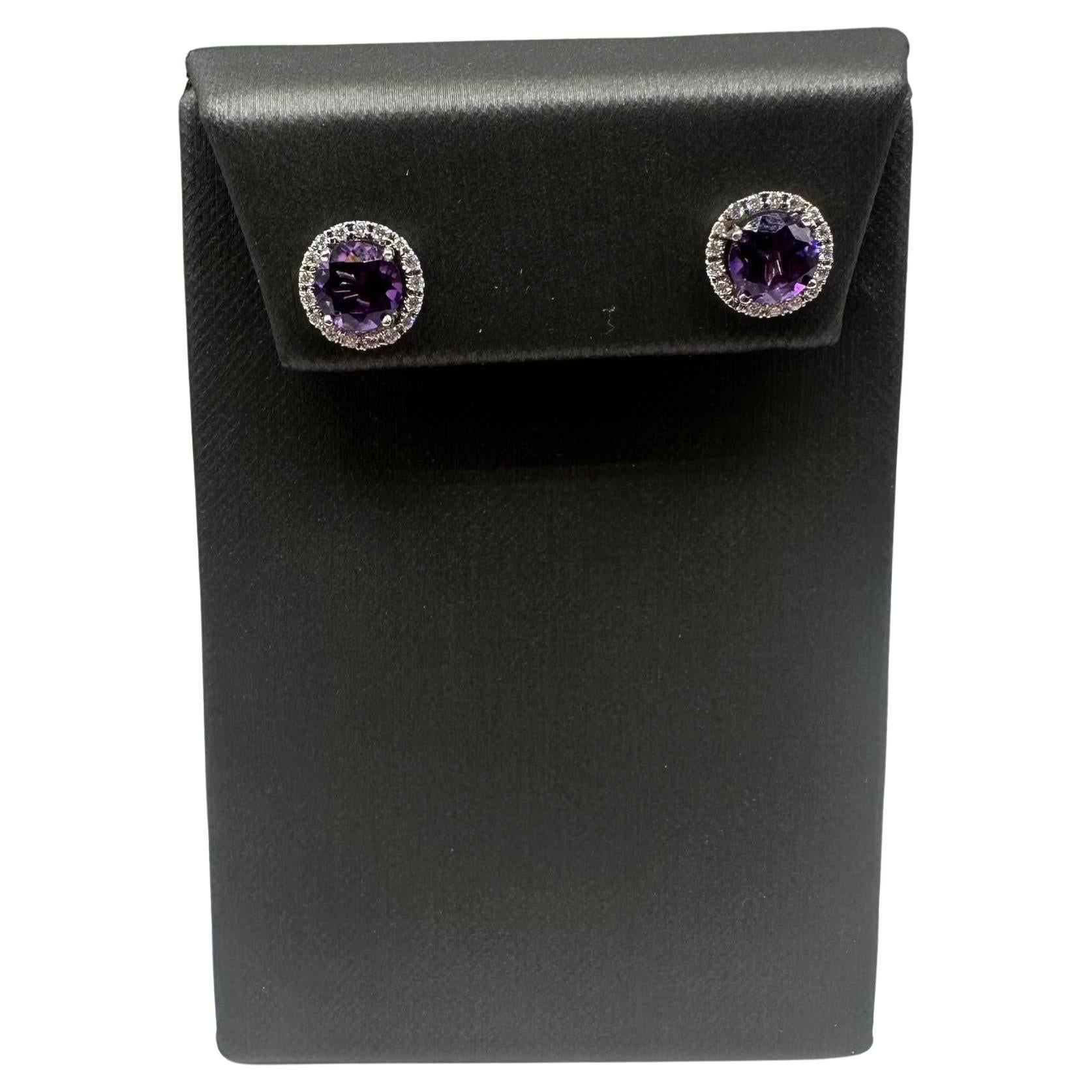 Amethyst & Diamond Earrings in 14kt White Gold - 6.5mm Amethyst, 0.2ctw Diamonds