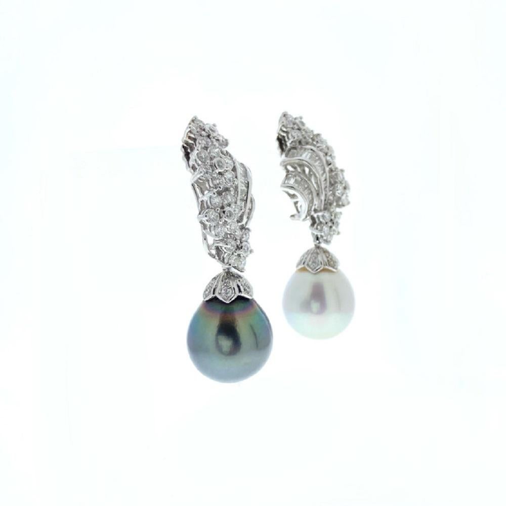 Pear Cut 2.53 Carat Fancy Diamond And White & Tahiti Black Pearl Earring In 18k Platinum For Sale