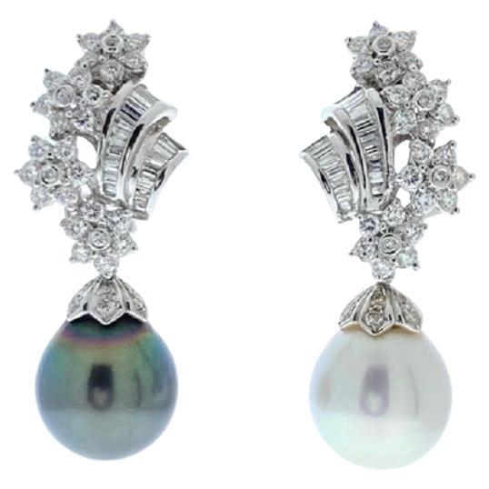 2.53 Carat Fancy Diamond And White & Tahiti Black Pearl Earring In 18k Platinum For Sale