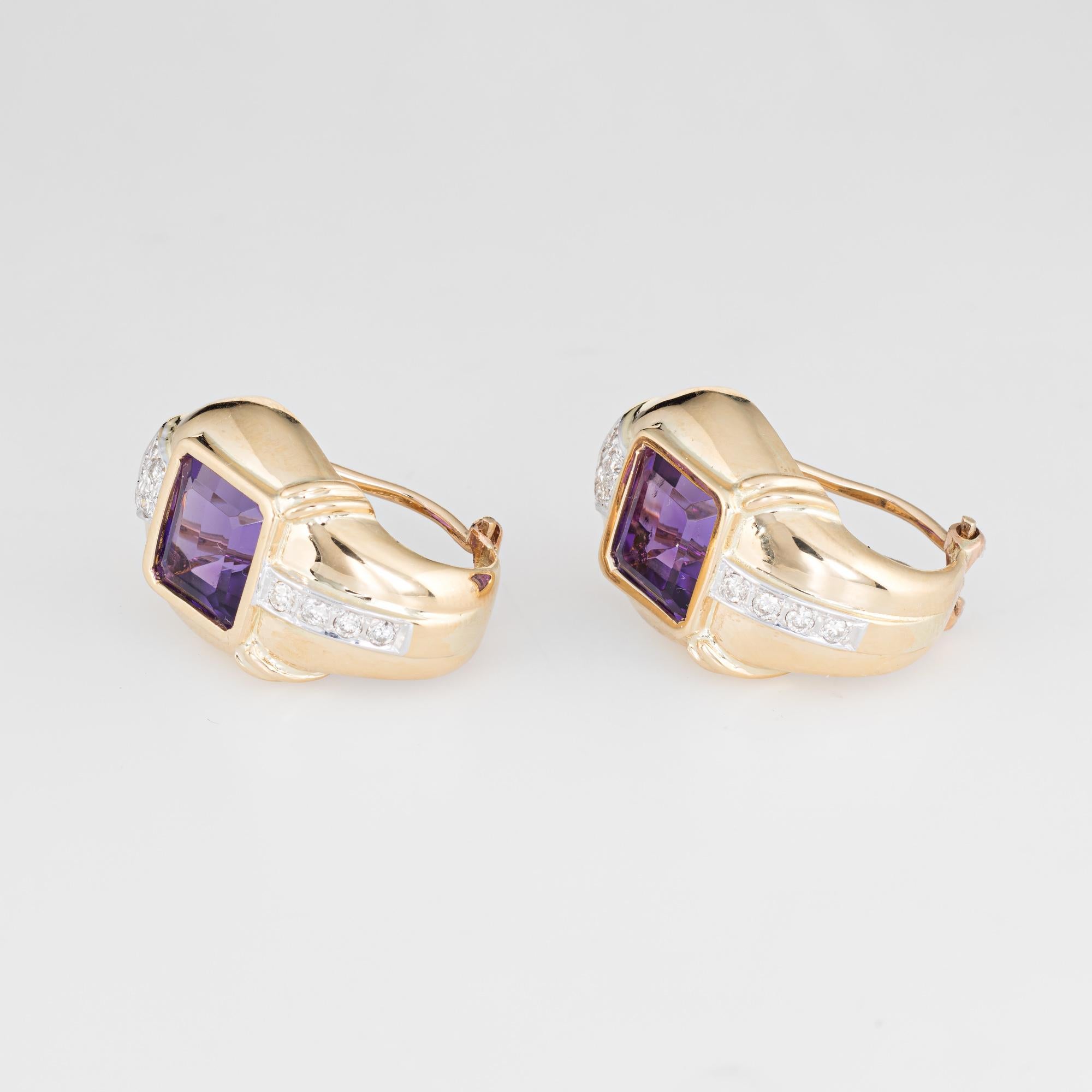 Stylish pair of vintage amethyst & diamond earrings (circa 1980s) crafted in 18k yellow gold. 

Amethysts each measure 8mm (estimated at 8 carats each - 16 carats total estimated weight). 18 estimated 0.01 carat round brilliant cut diamonds total an