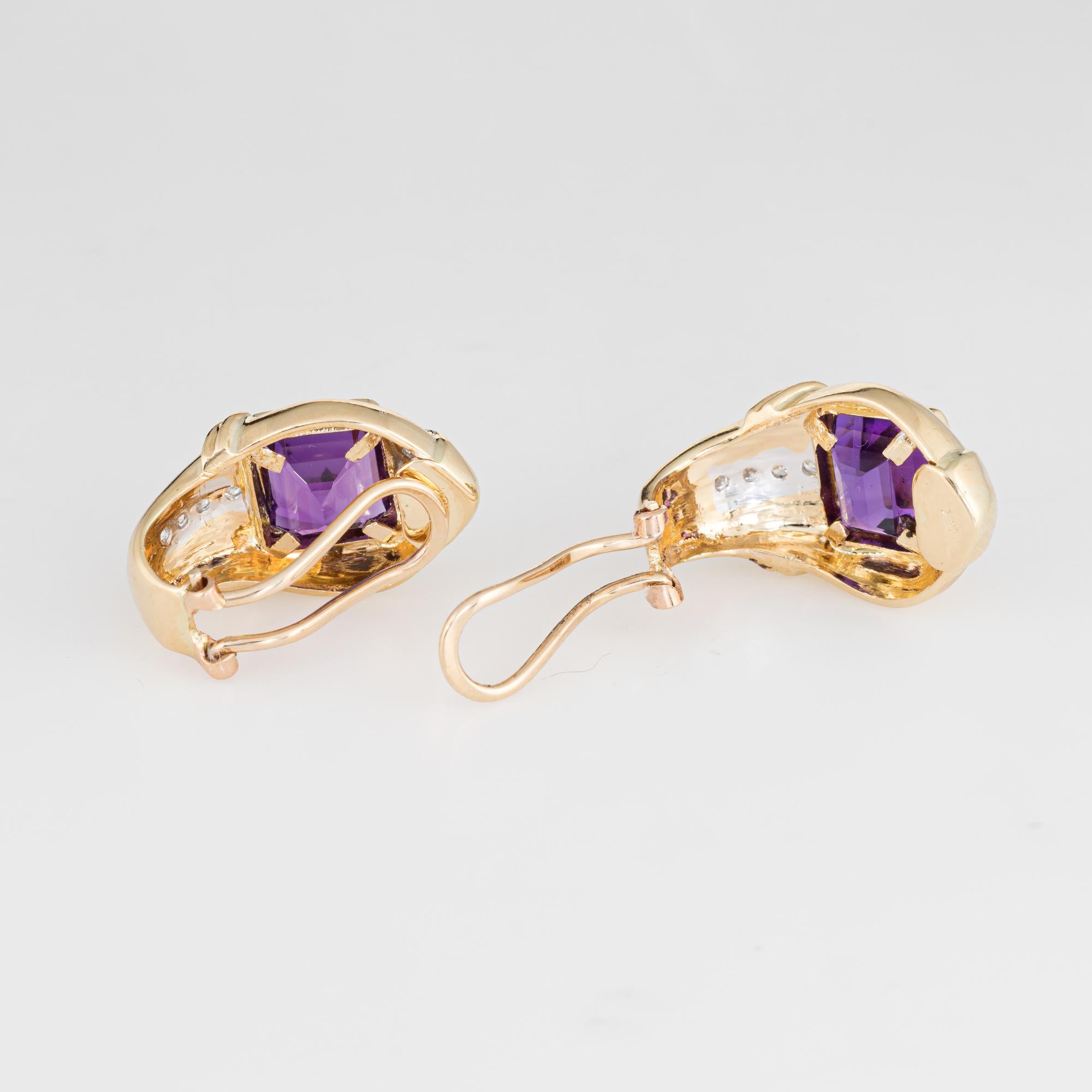 Modern Amethyst Diamond Earrings 18 Karat Gold Clip-On Estate Fine Jewelry Shrimp For Sale