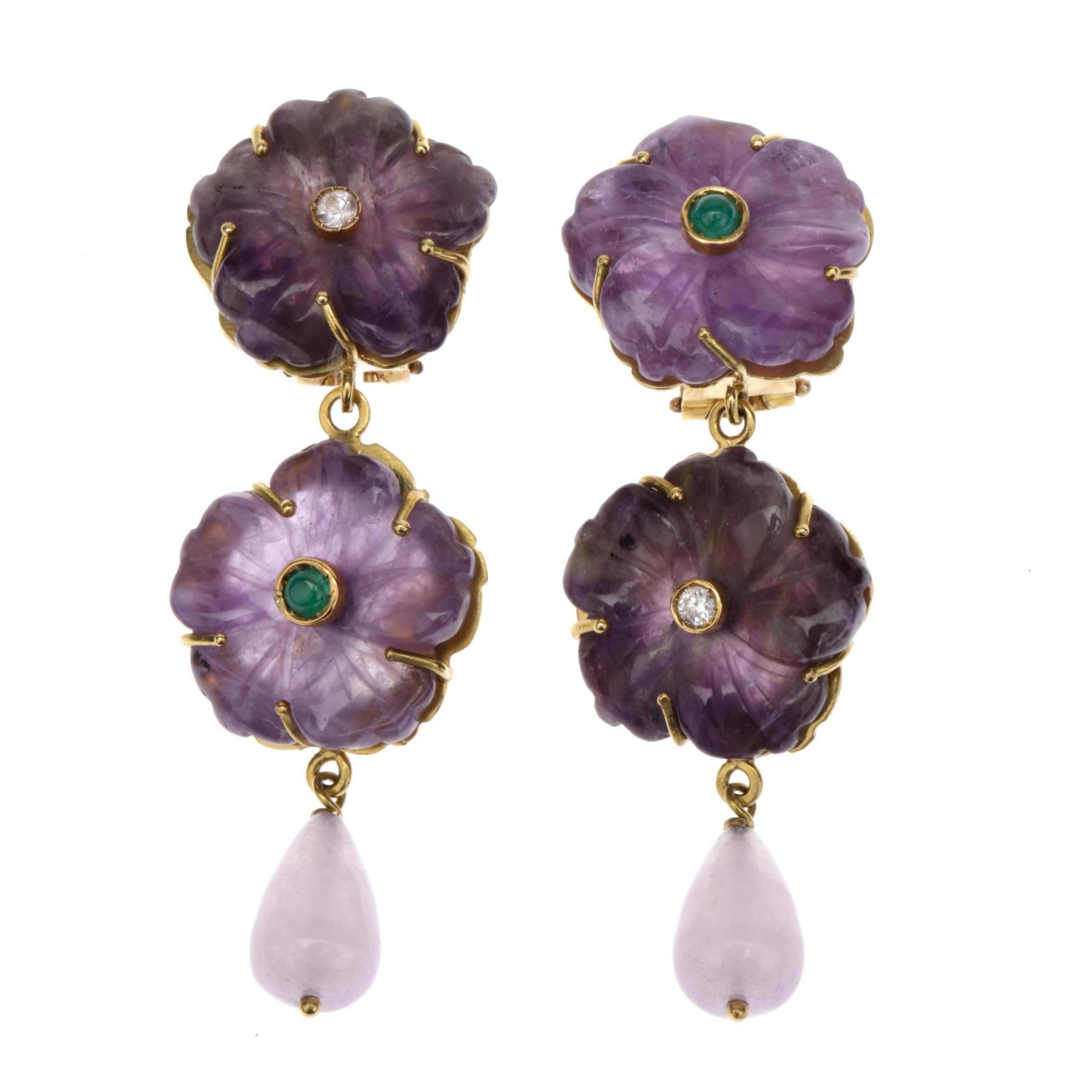 Amethyst Diamond Emerald 18 Karat Gold Earrings For Sale 5