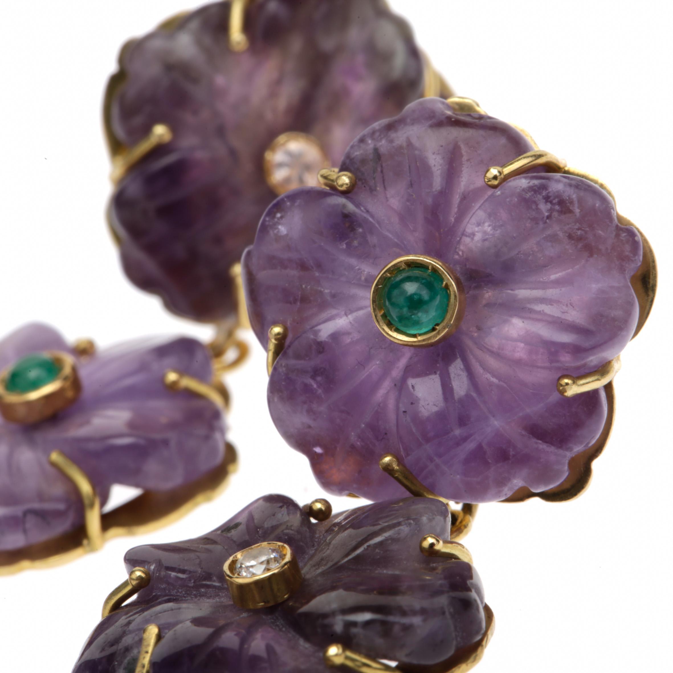 Women's Amethyst Diamond Emerald 18 Karat Gold Earrings For Sale