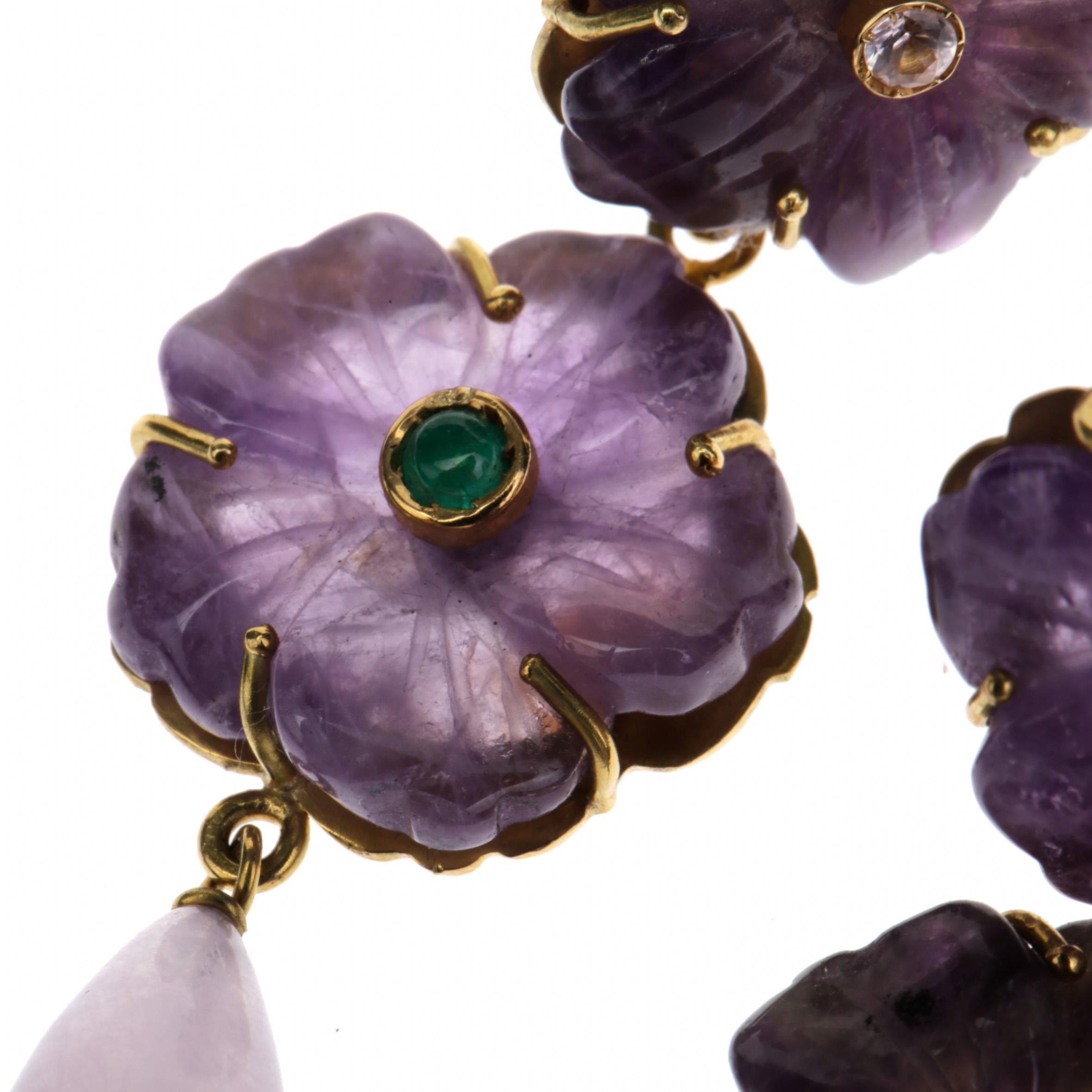 Amethyst Diamond Emerald 18 Karat Gold Earrings For Sale 3