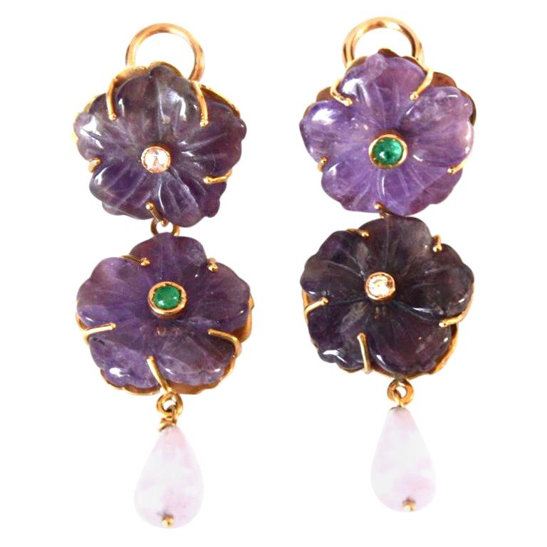 Amethyst Diamond Emerald 18 Karat Gold Earrings For Sale