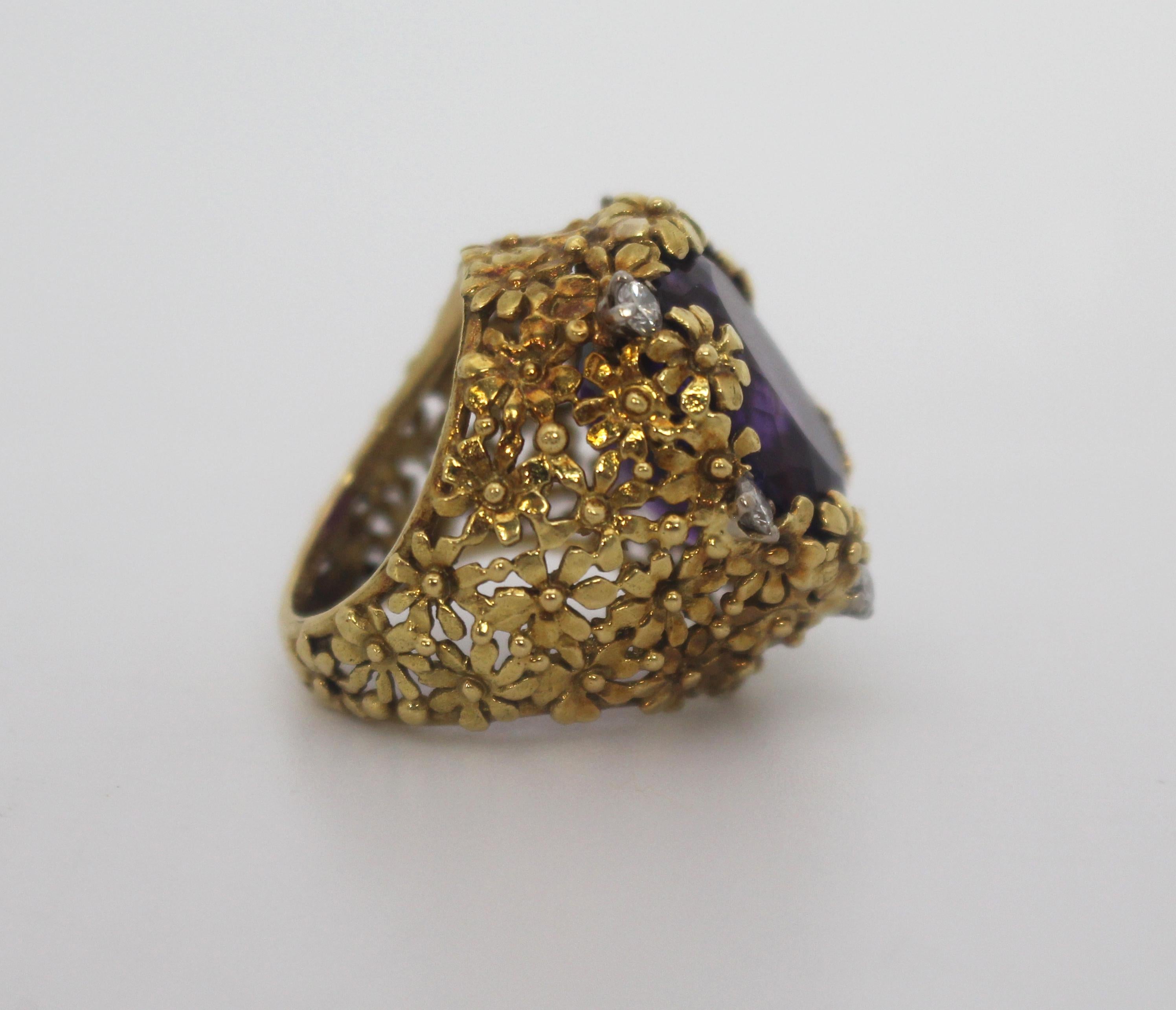 British Amethyst & Diamond Fancy Openwork Flower Ring For Sale