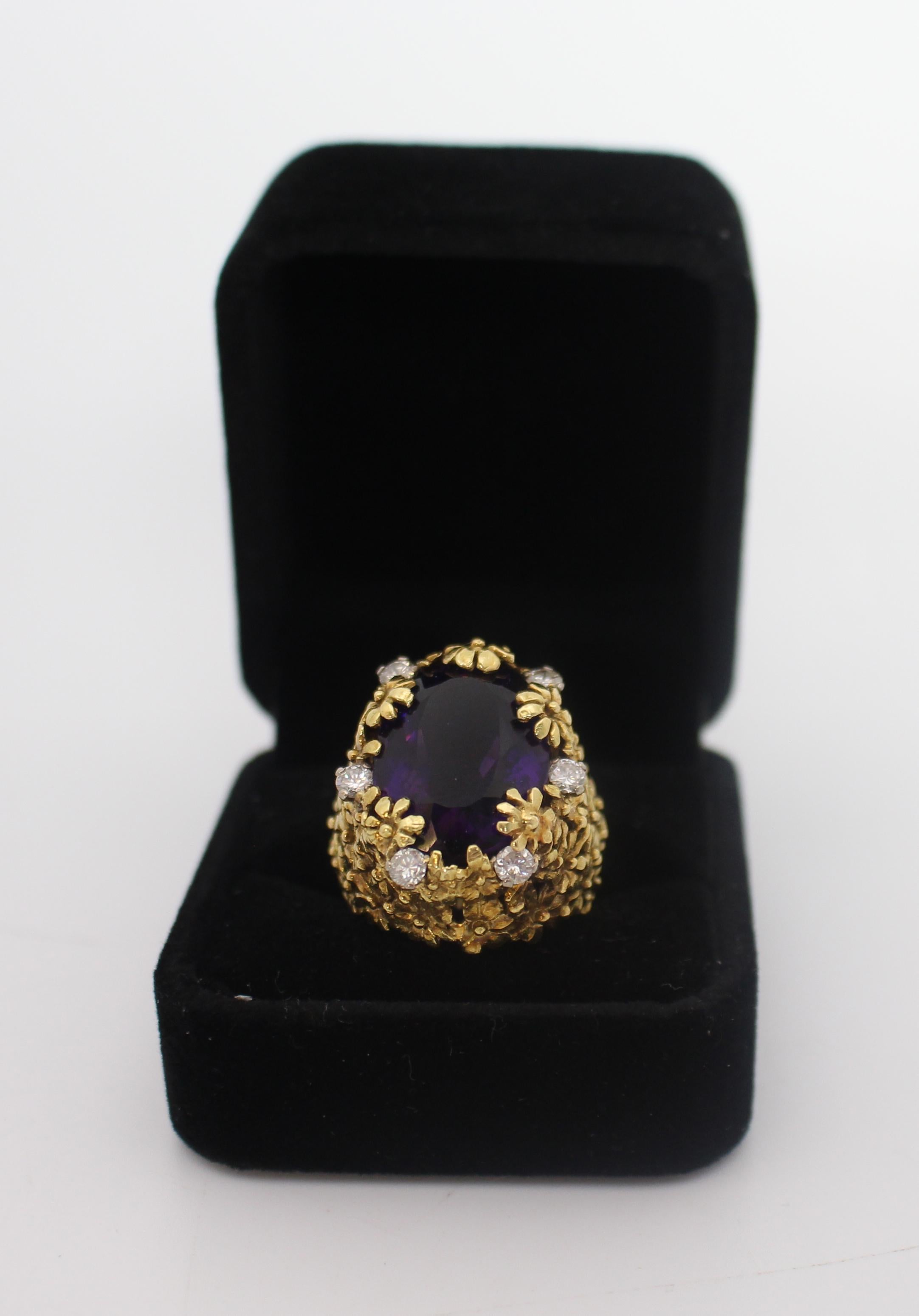 Gold Amethyst & Diamond Fancy Openwork Flower Ring For Sale