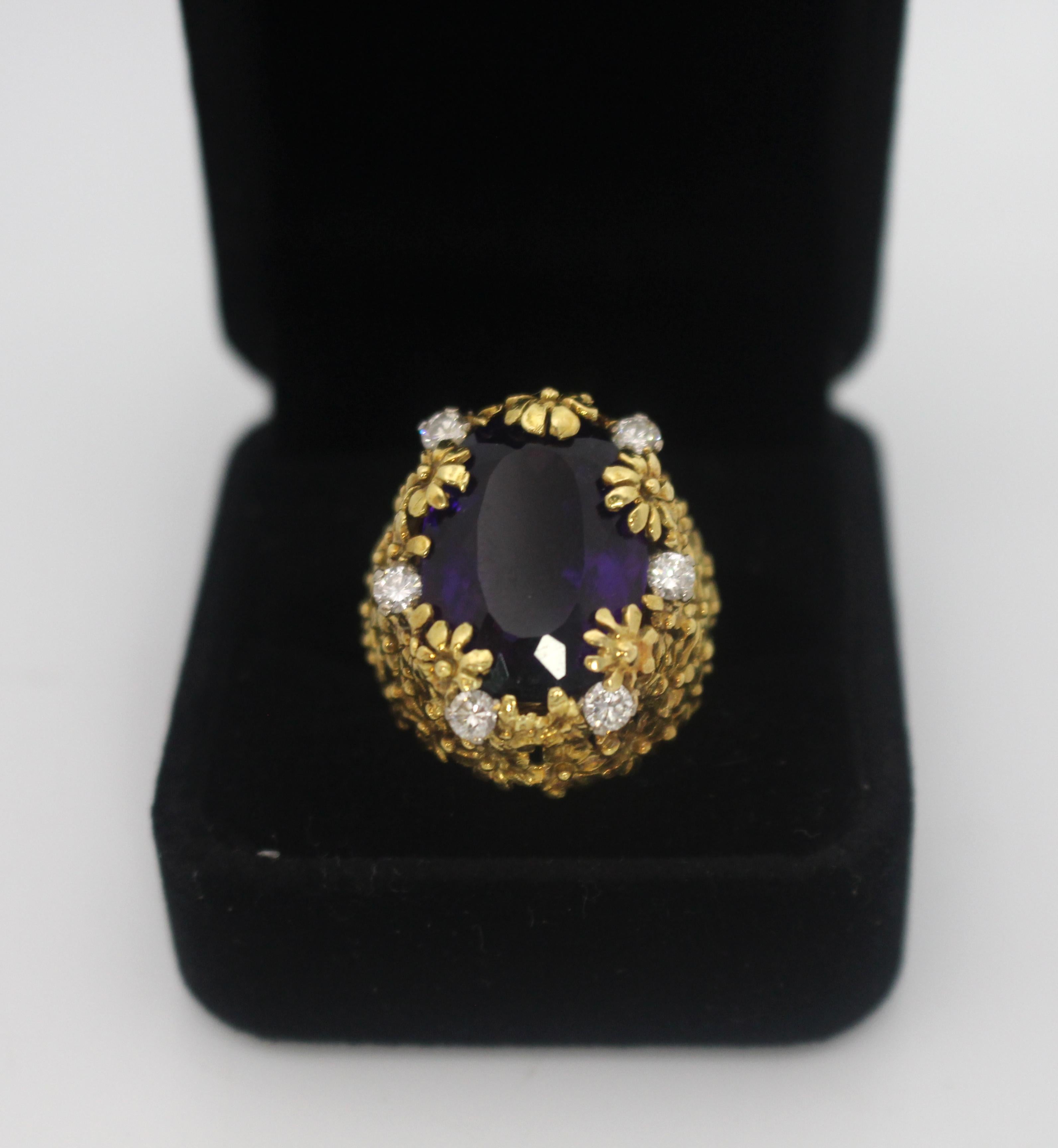 Amethyst & Diamond Fancy Openwork Flower Ring For Sale 1