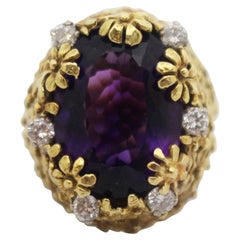 Bague fleur ajourée fantaisie en améthyste et diamants