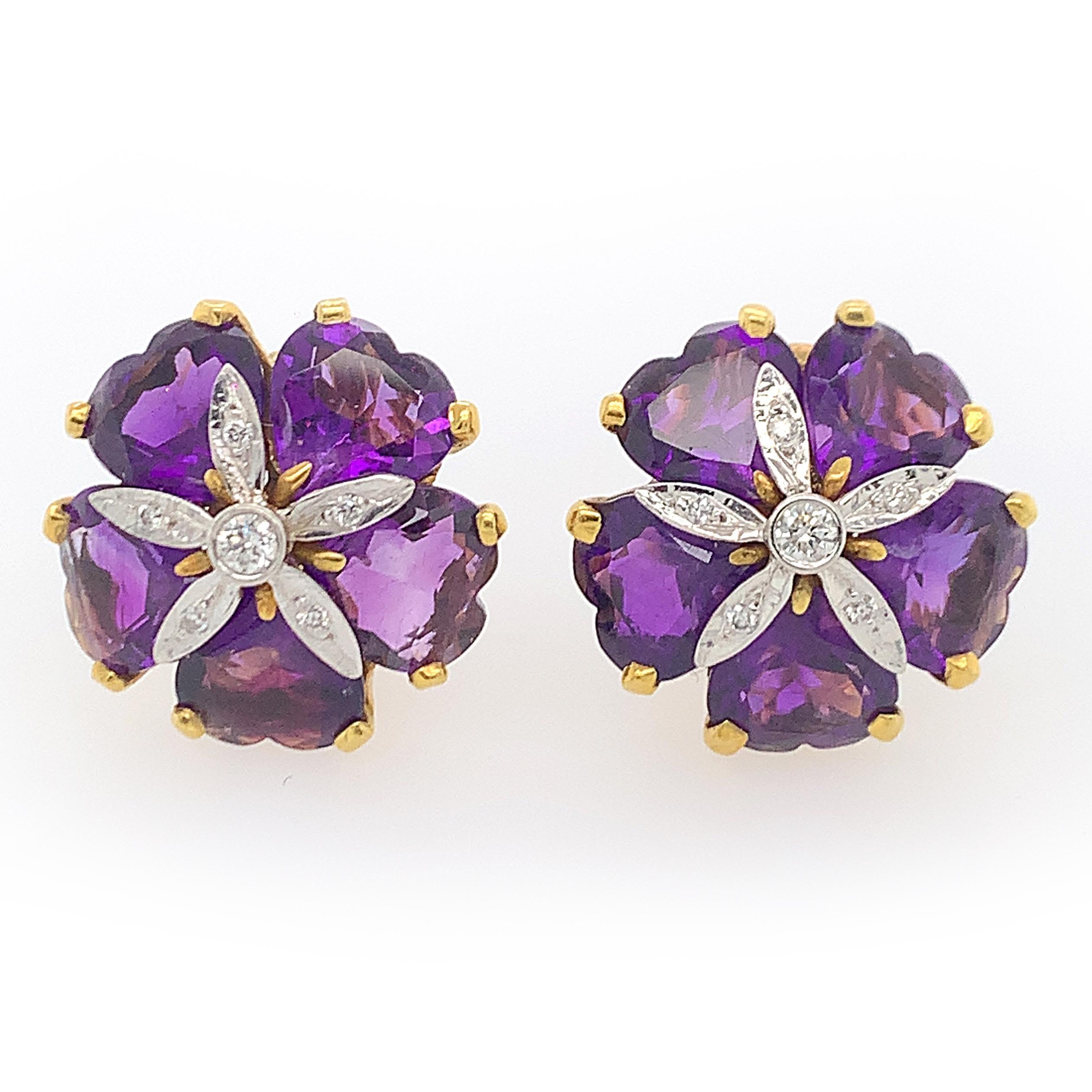 Round Cut Amethyst Diamond Flower Earrings