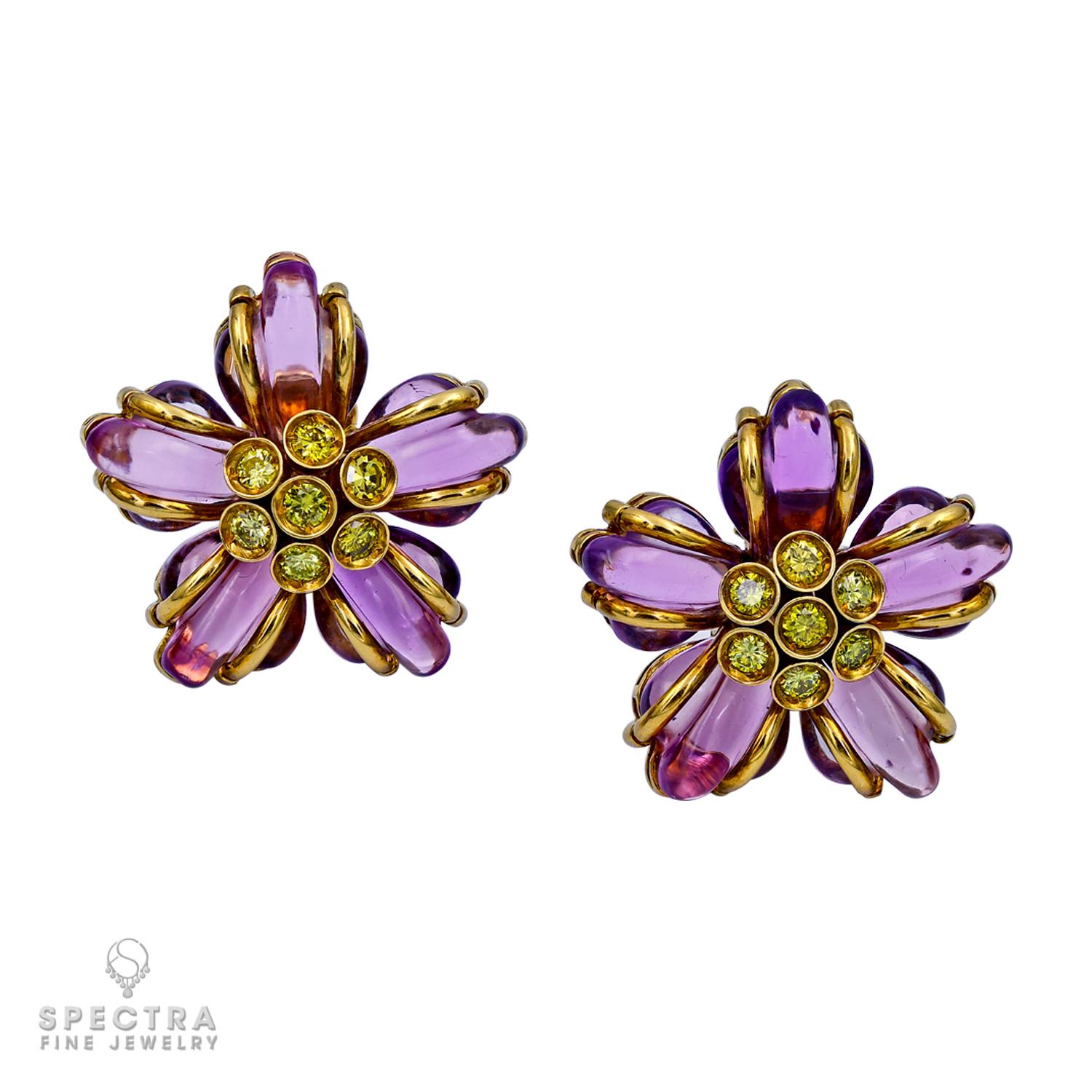 Contemporary Amethyst Diamond Flower Pendant and Clip-On Earrings Set For Sale
