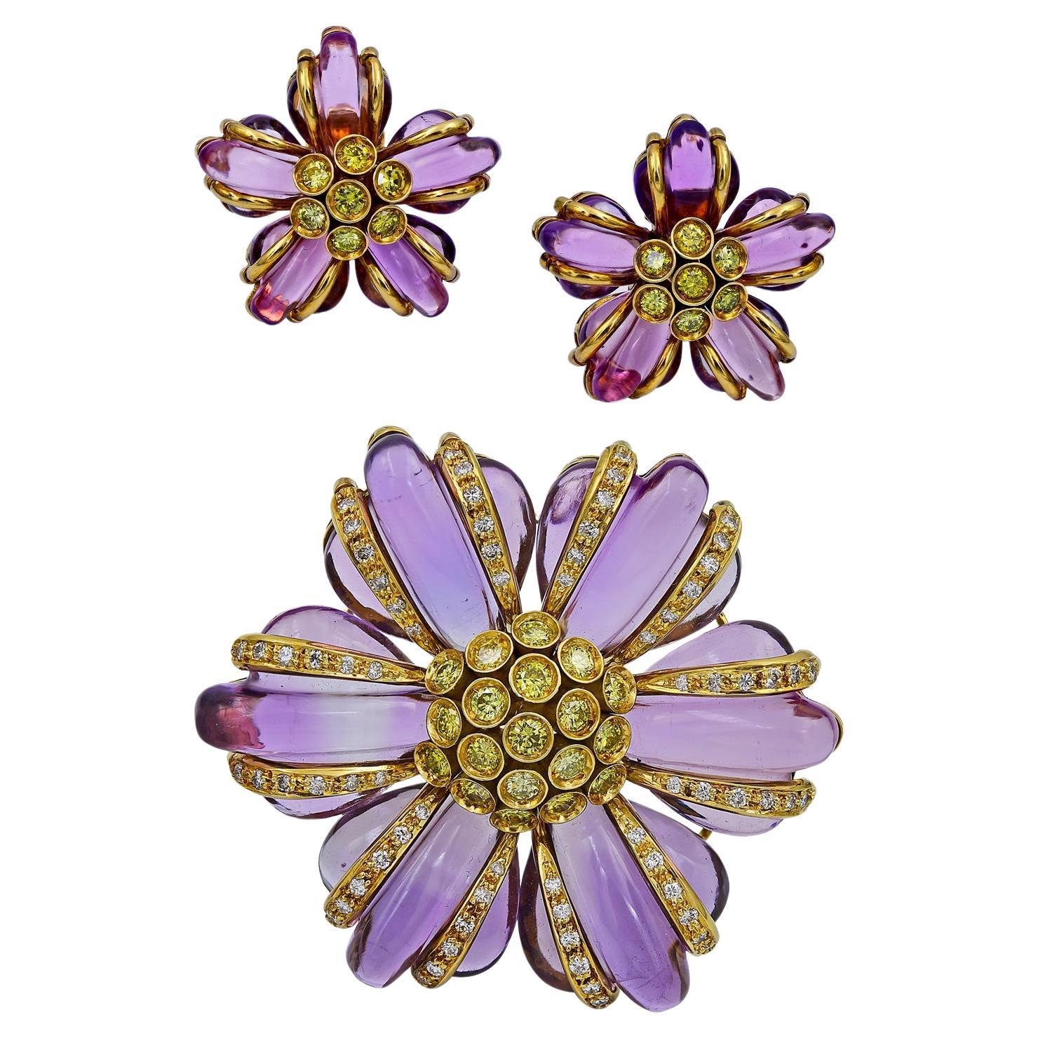 Amethyst Diamond Flower Pendant and Clip-On Earrings Set For Sale