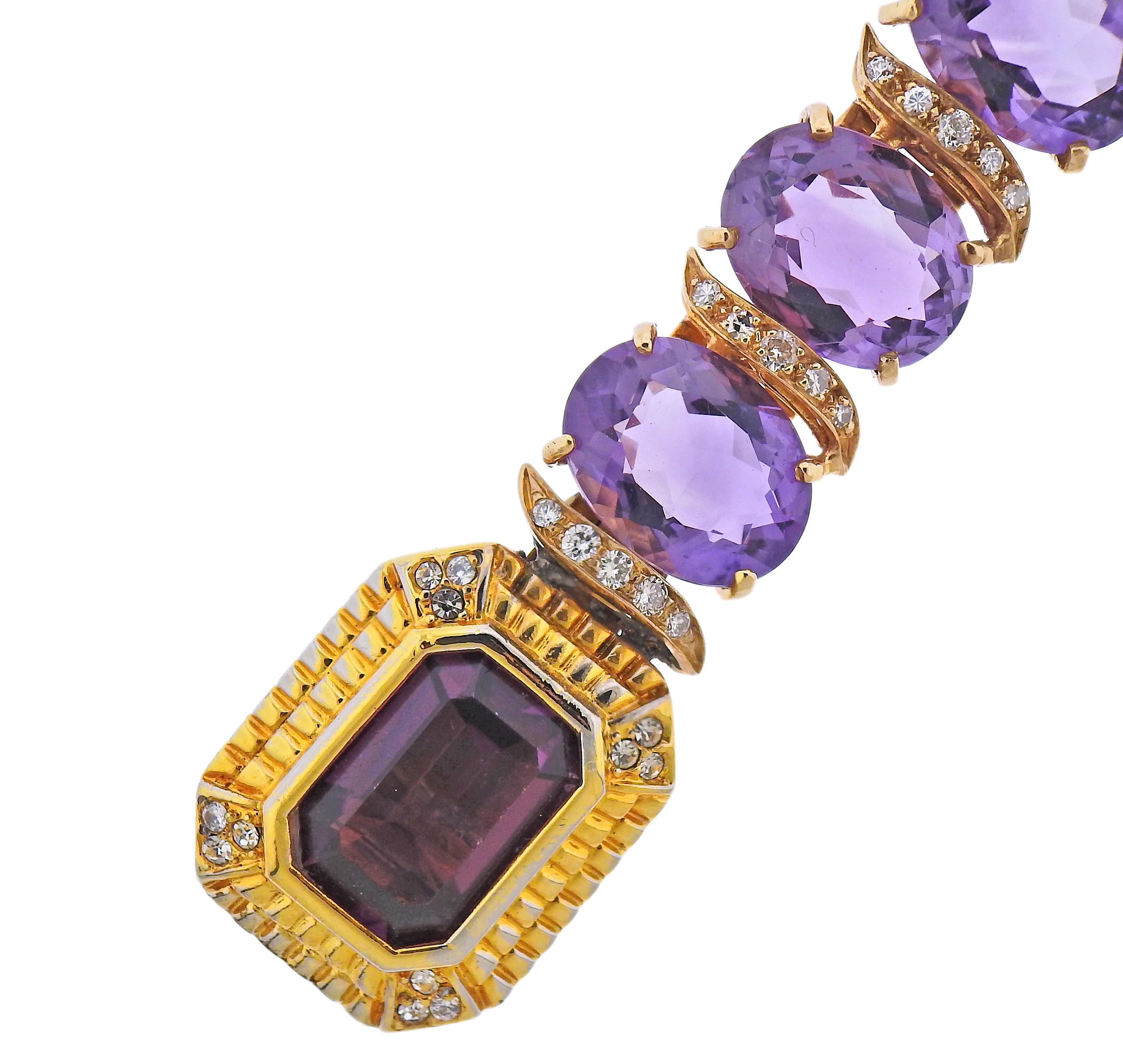 14k gold bracelet with amethyst gemstones (approx. 16mm x 12mm) and approx. 1.90cts in diamonds. The center (clasp) portion is not original, was soldered to the bracelet. Bracelet is 7.5
