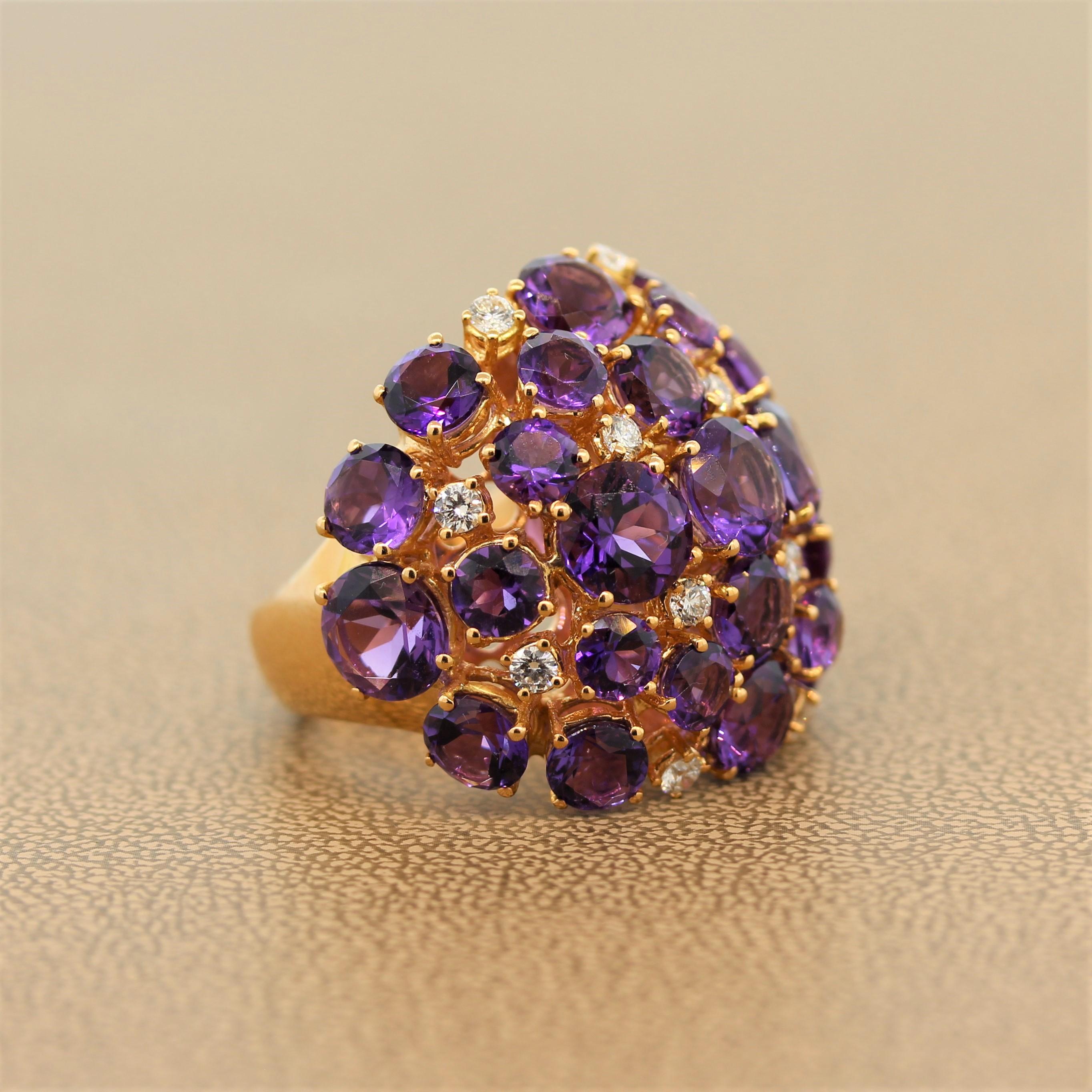 Round Cut Amethyst Diamond Gold Cluster Cocktail Ring For Sale