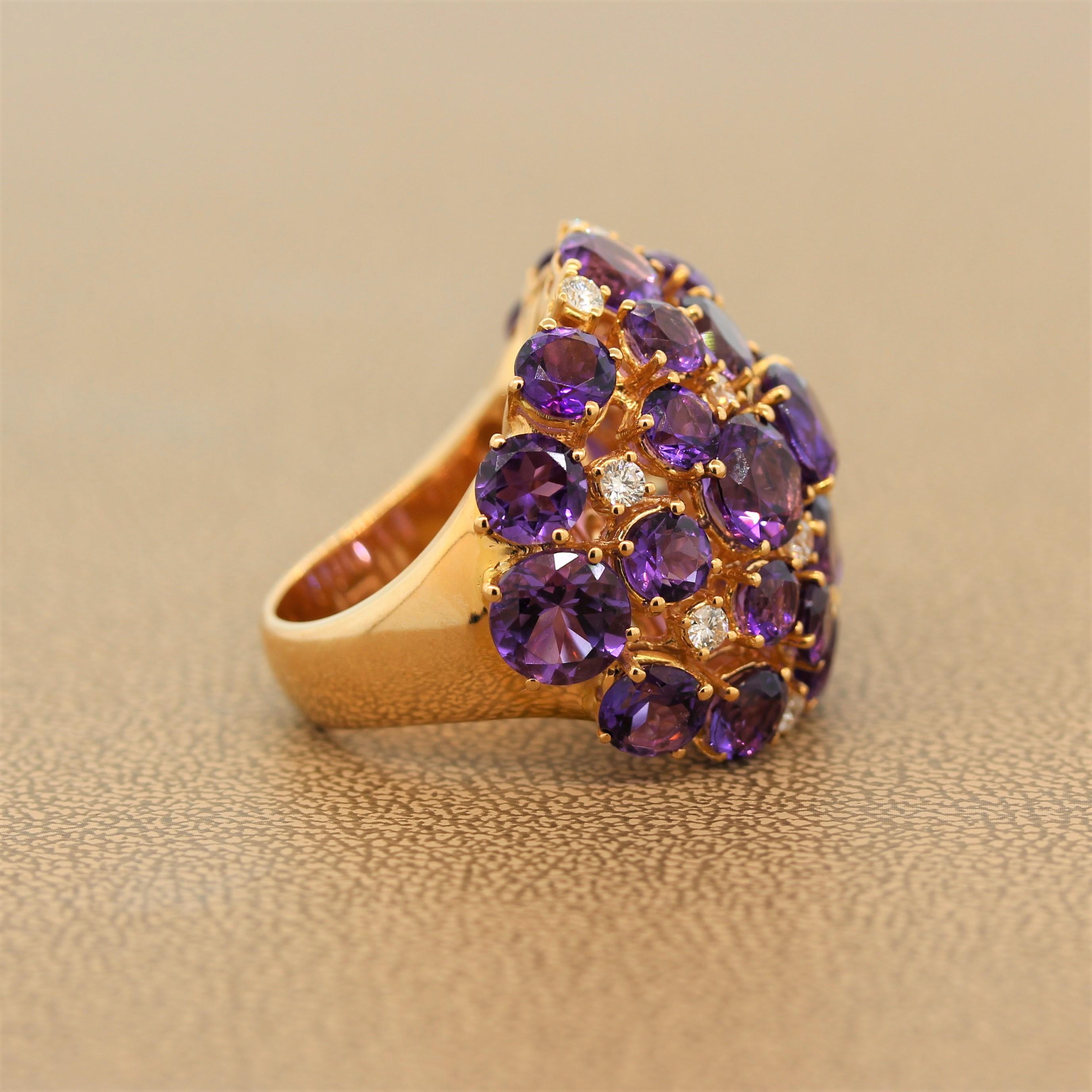 Amethyst Diamond Gold Cluster Cocktail Ring In New Condition For Sale In Beverly Hills, CA