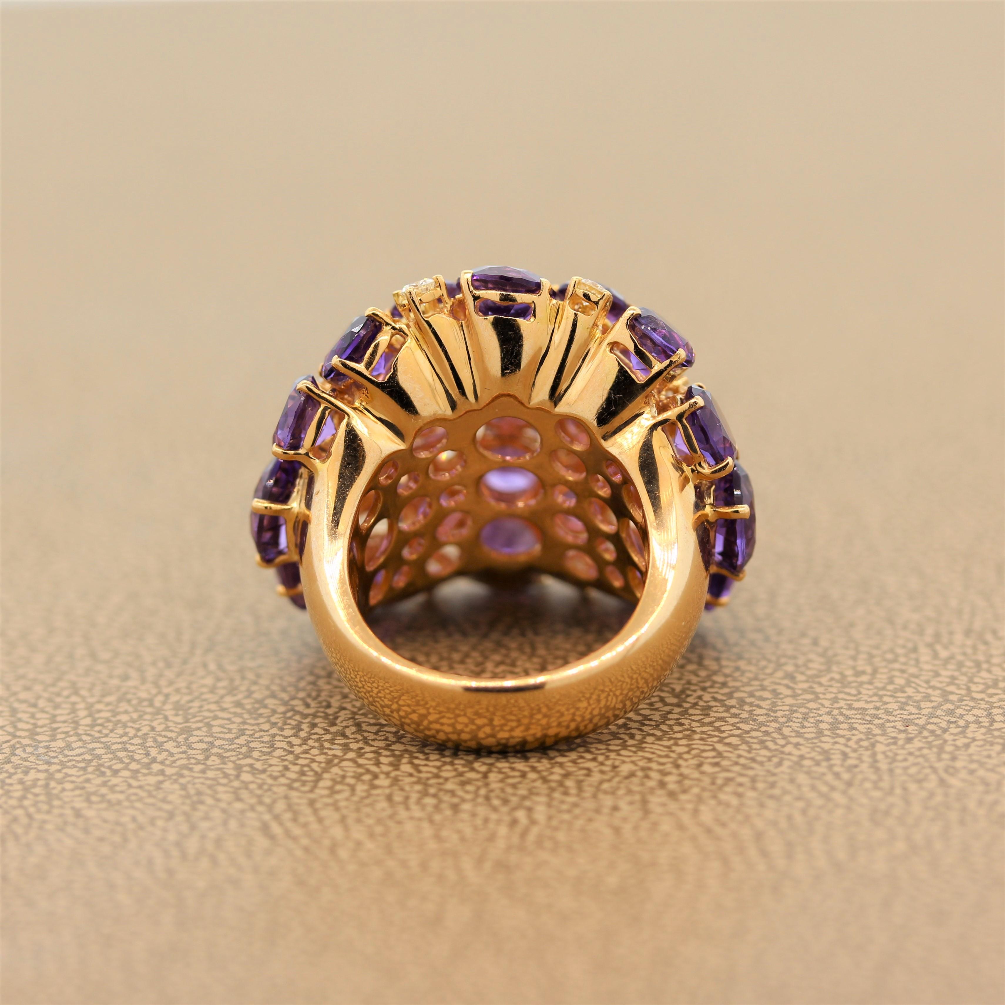 Women's Amethyst Diamond Gold Cluster Cocktail Ring For Sale