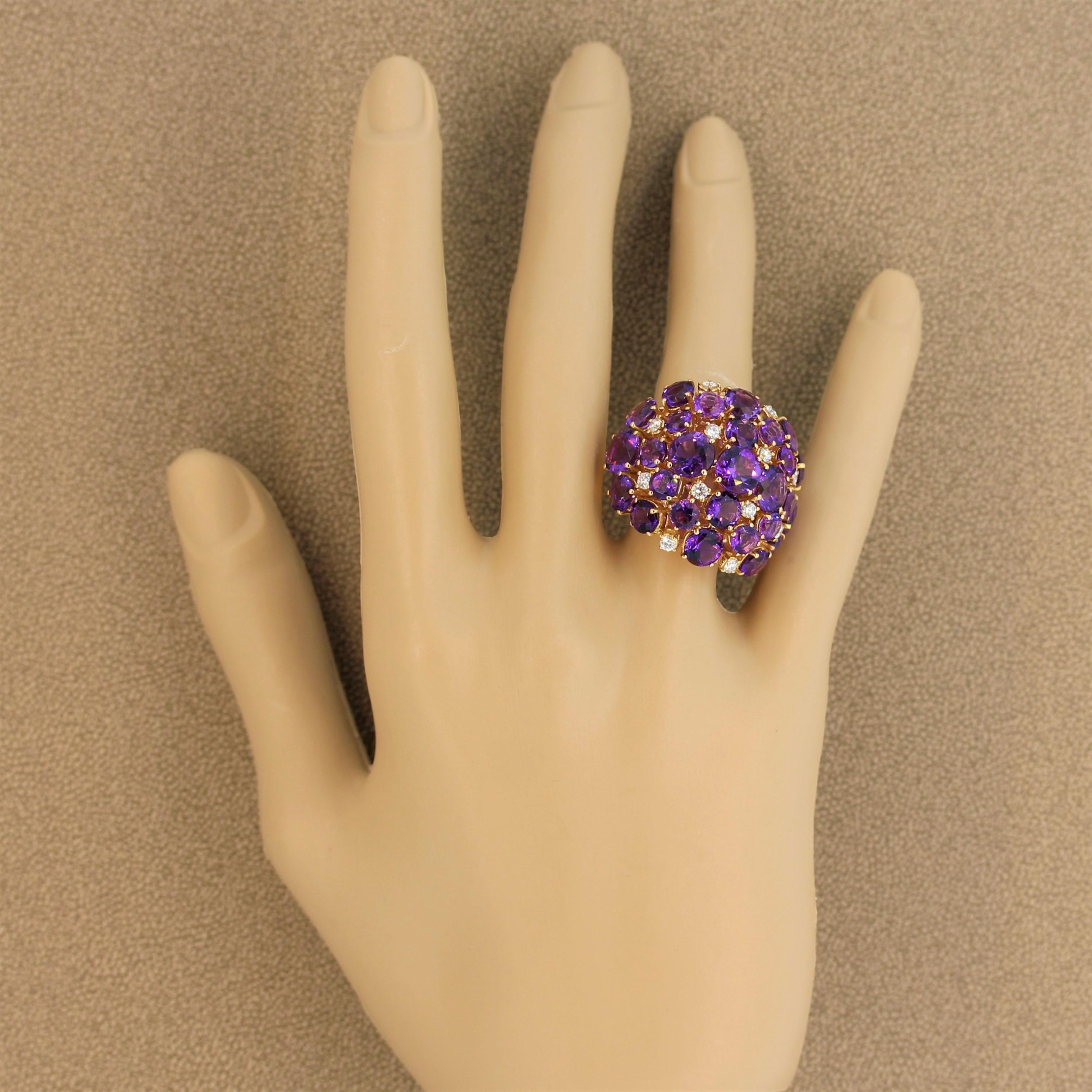 Amethyst Diamond Gold Cluster Cocktail Ring For Sale 1