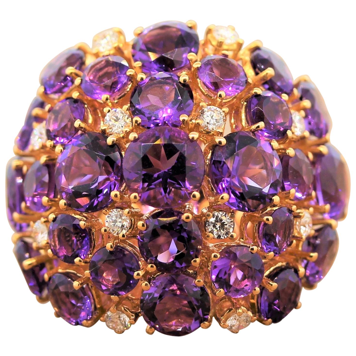 Amethyst Diamond Gold Cluster Cocktail Ring