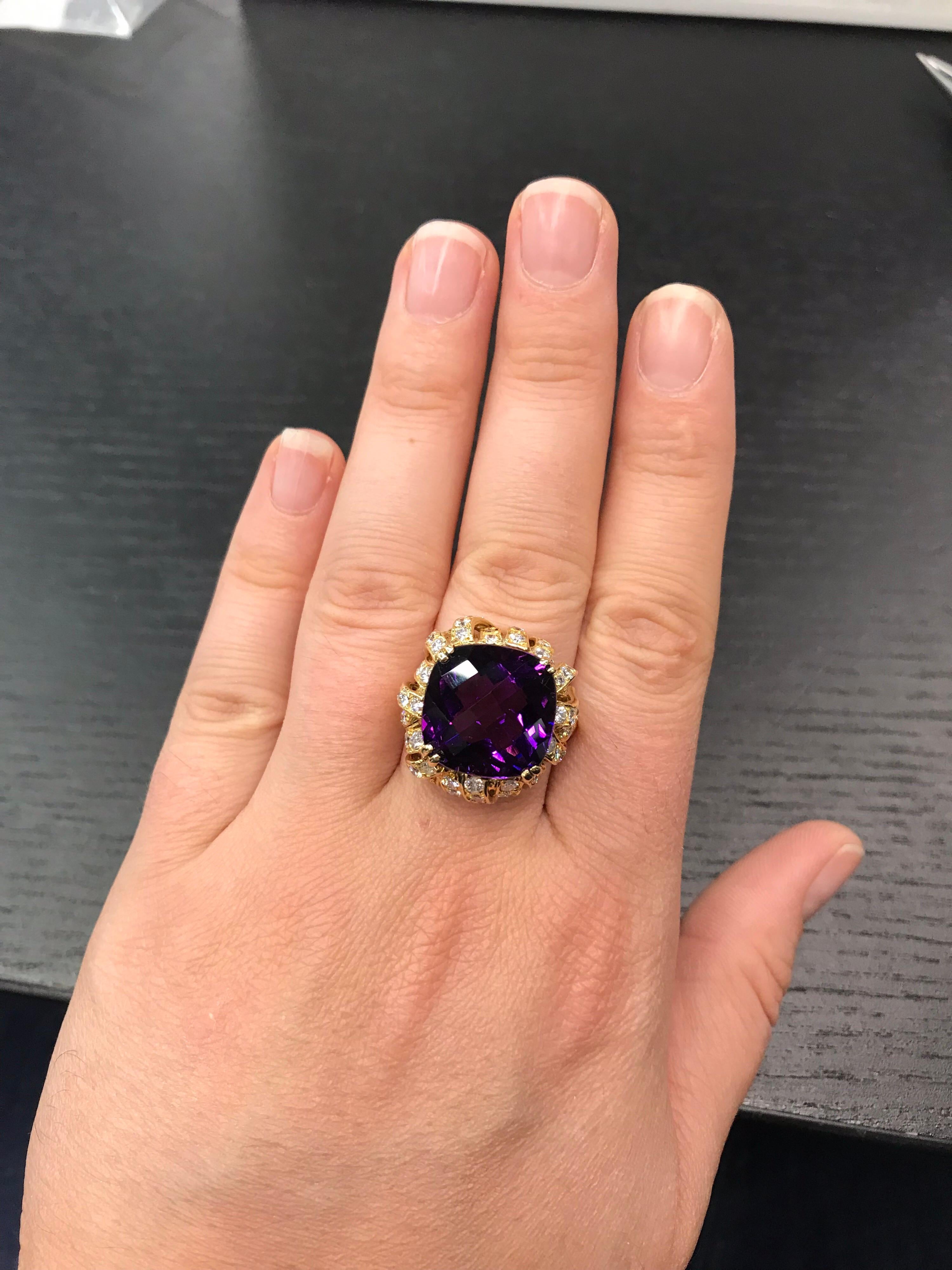 Amethyst Diamond Gold Cocktail Ring 23 Carat 18 Karat Yellow Gold 3