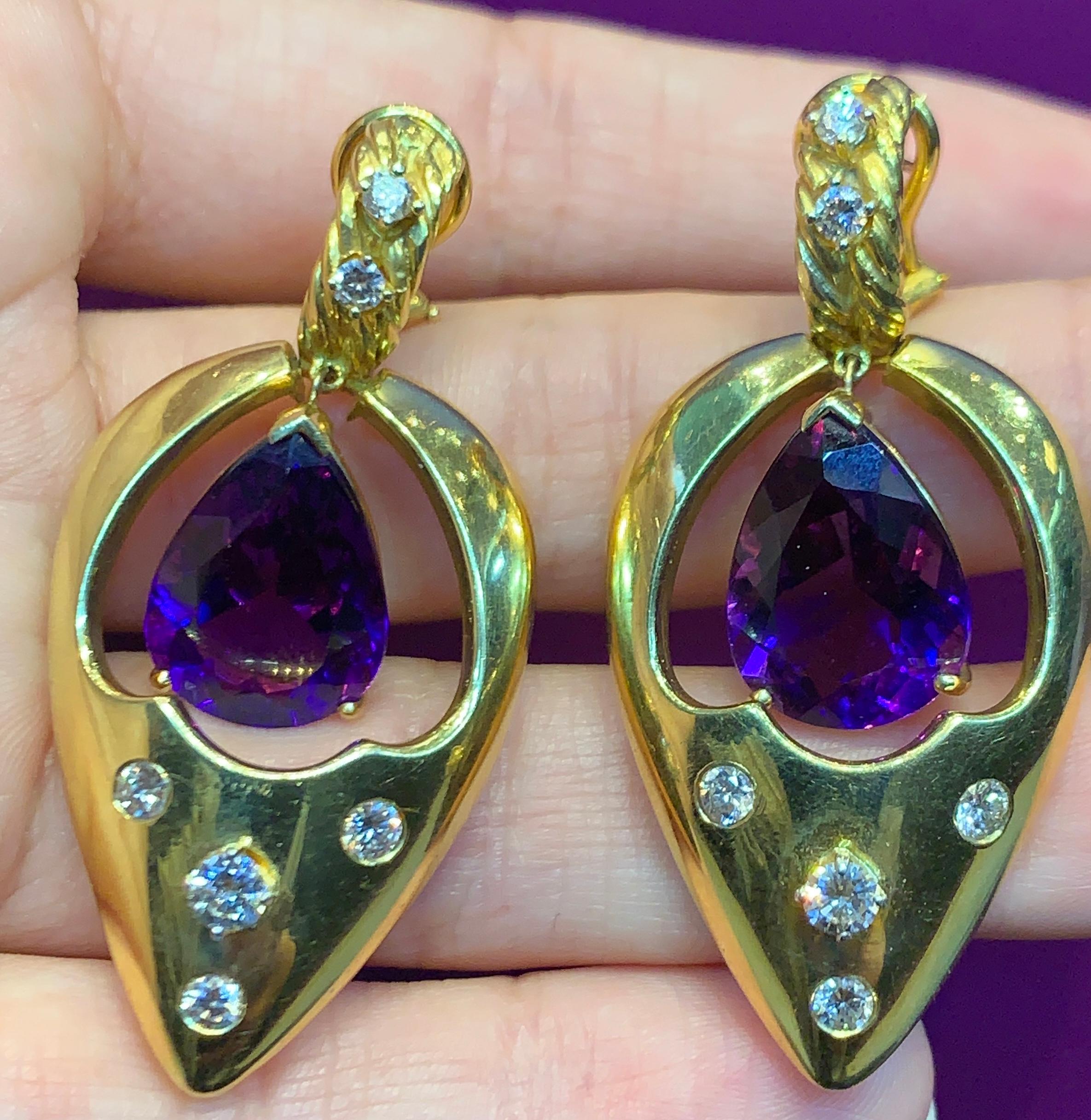 Amethyst and Diamond Gold Dangle Earrings For Sale 1