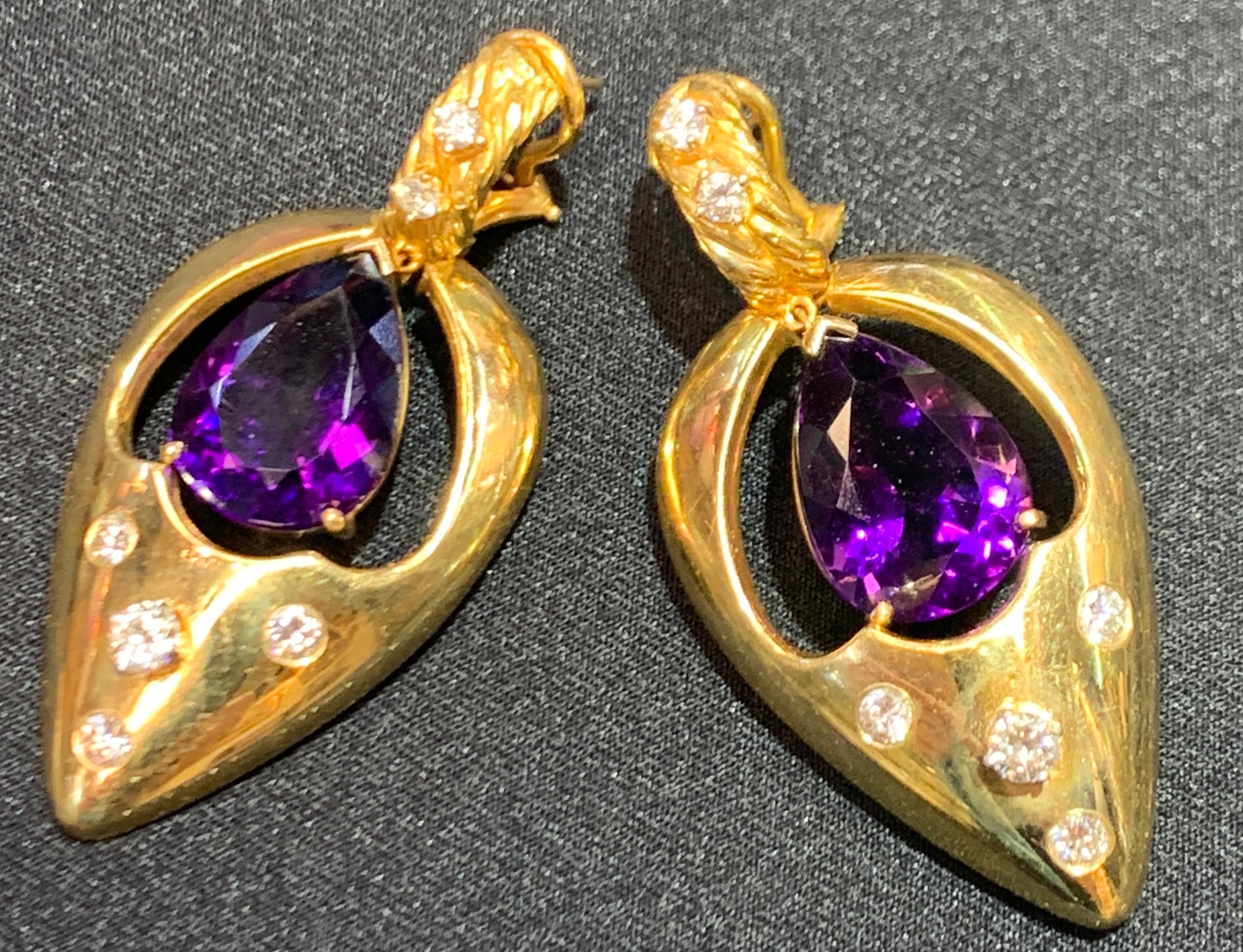 Amethyst and Diamond Gold Dangle Earrings For Sale 2