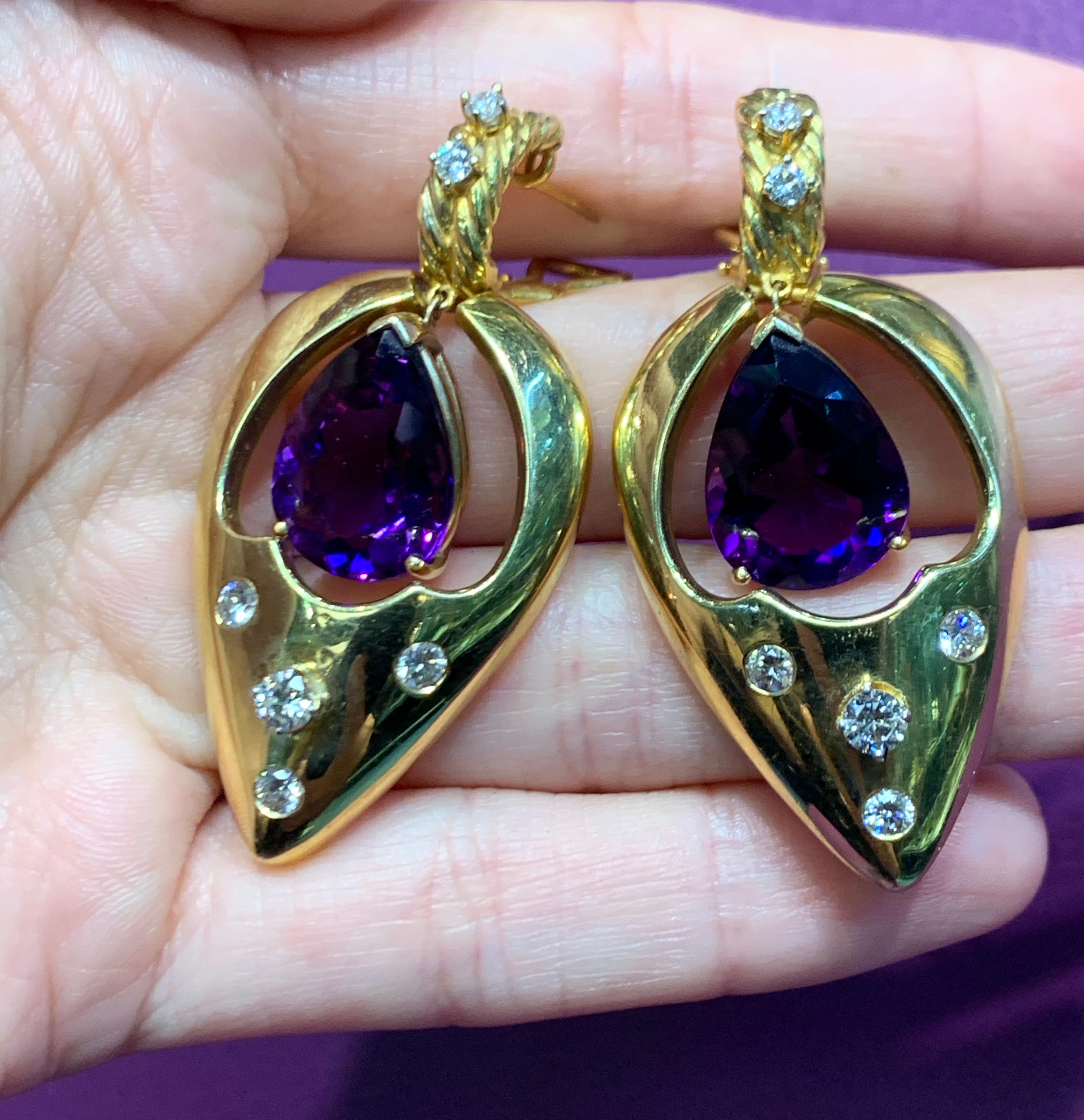 Women's Amethyst and Diamond Gold Dangle Earrings For Sale