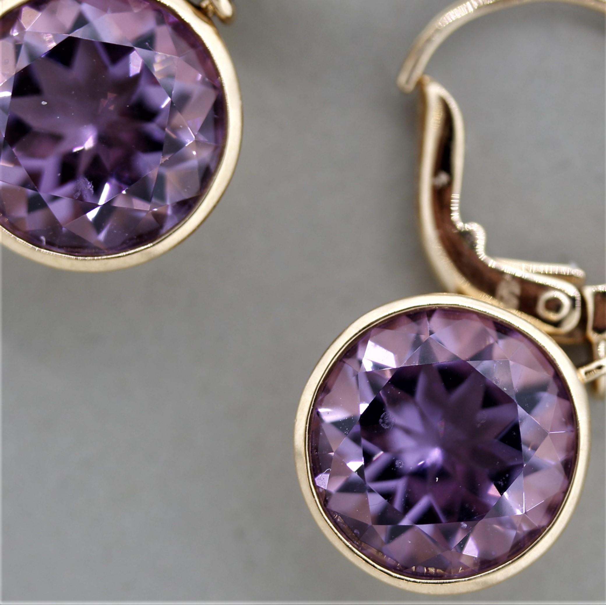 Round Cut Amethyst Diamond Gold Drop Earrings