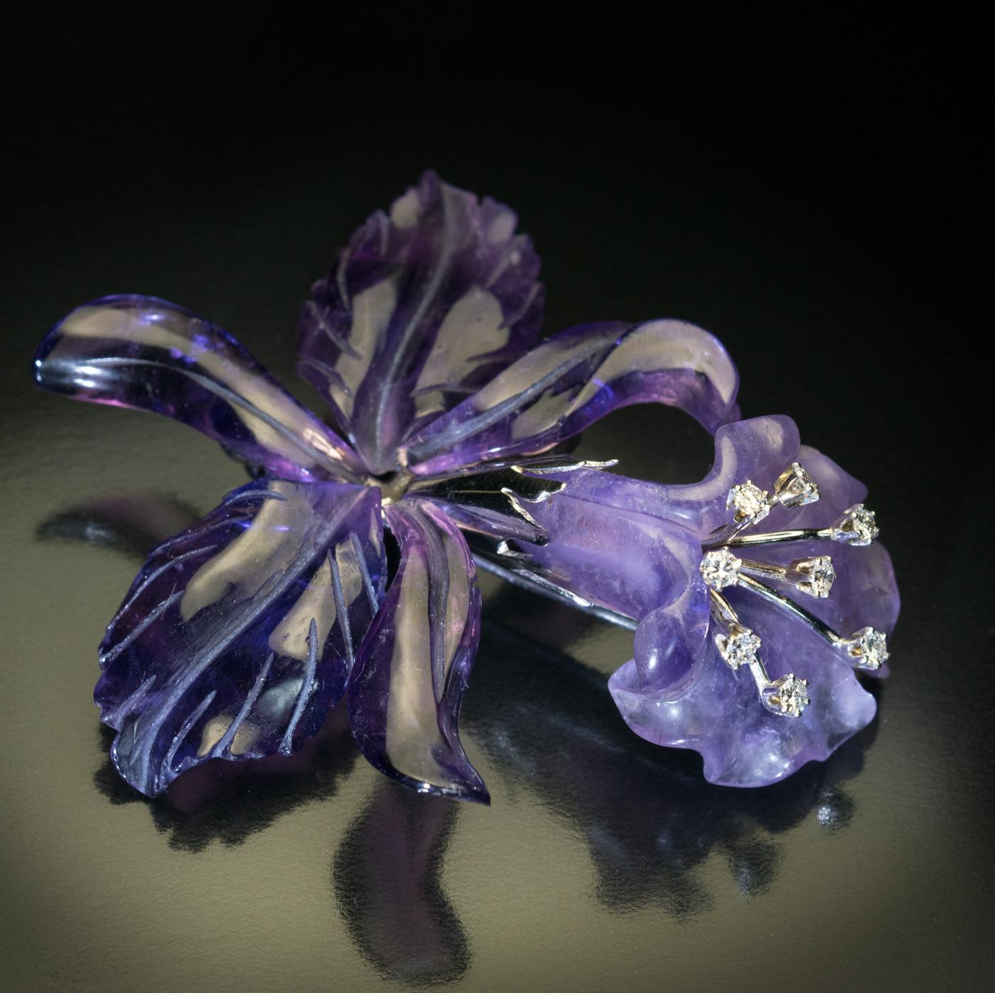 Amethyst-Diamant-Gold-Orchideen-Brosche, 1950er Jahre Damen