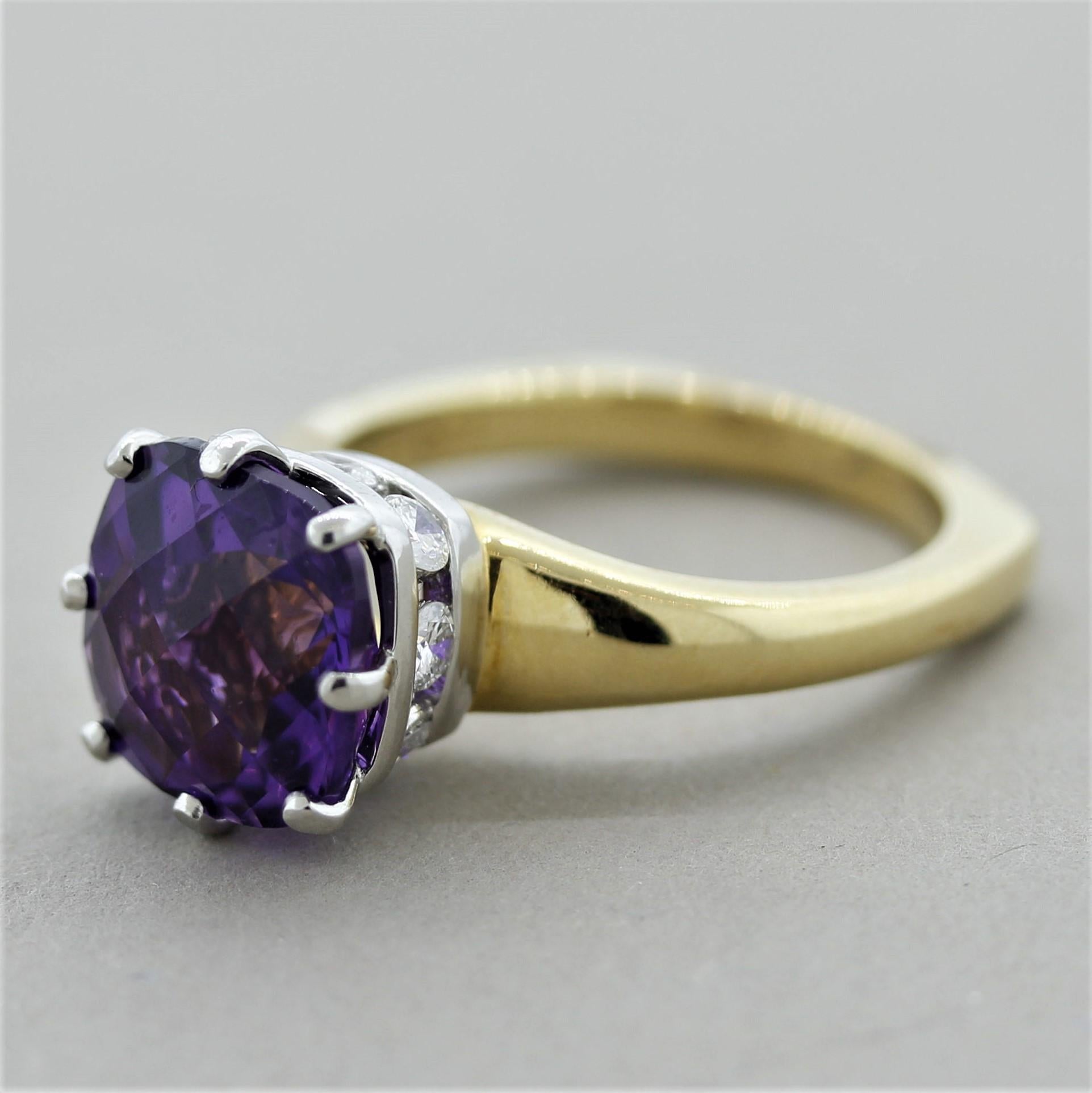 Cushion Cut Amethyst Diamond Gold and Platinum Ring For Sale