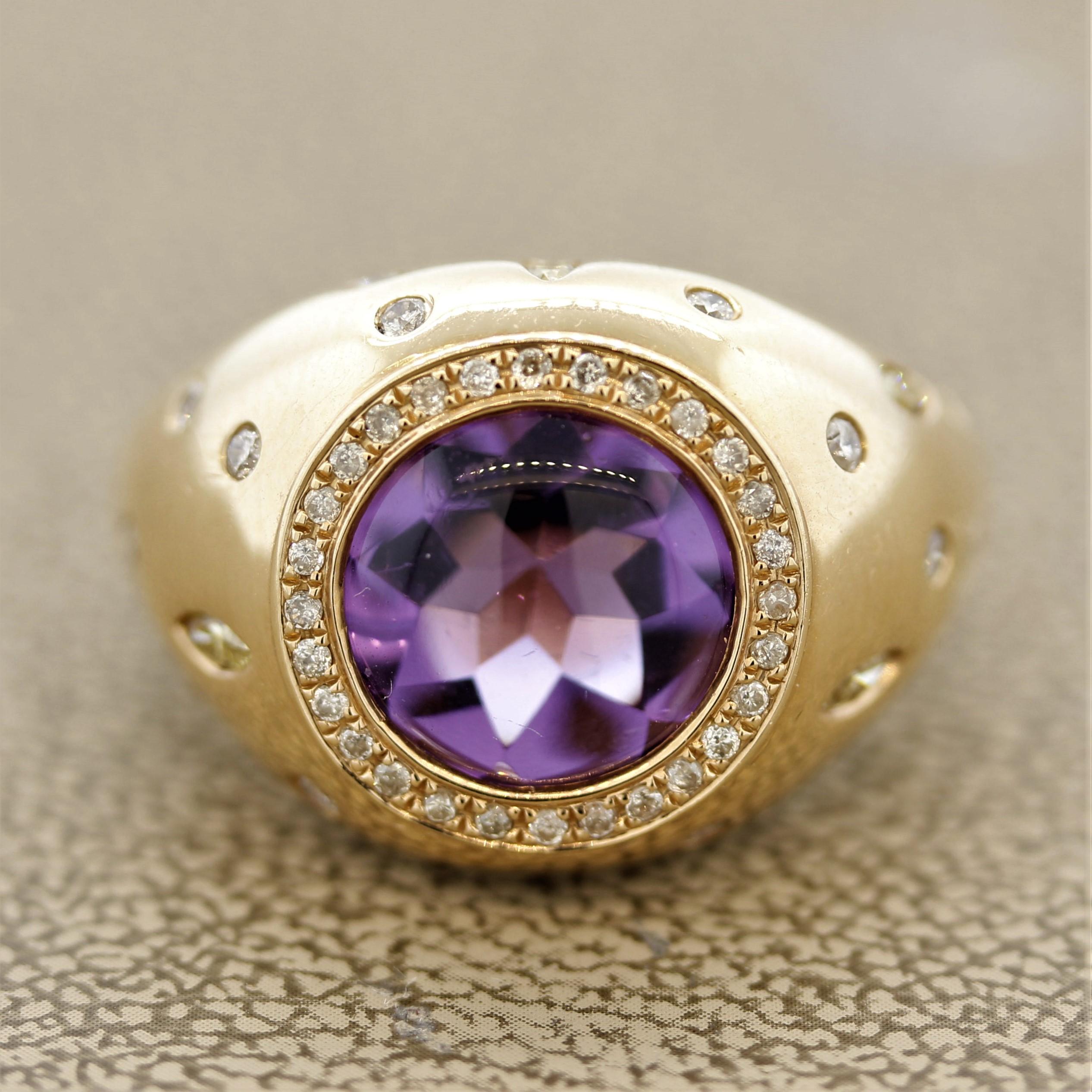 A modern designed ring featuring a 3.70 carat amethyst that has a cabochon top and faceted bottom for a unique look. It is accented by 0.74 carats of diamond which halo the amethyst and are set on the sides of the ring. Made in 18k rose gold and