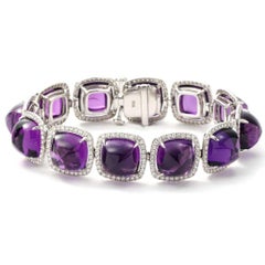Amethyst and Diamond Halo Bracelet 18 Karat White Gold