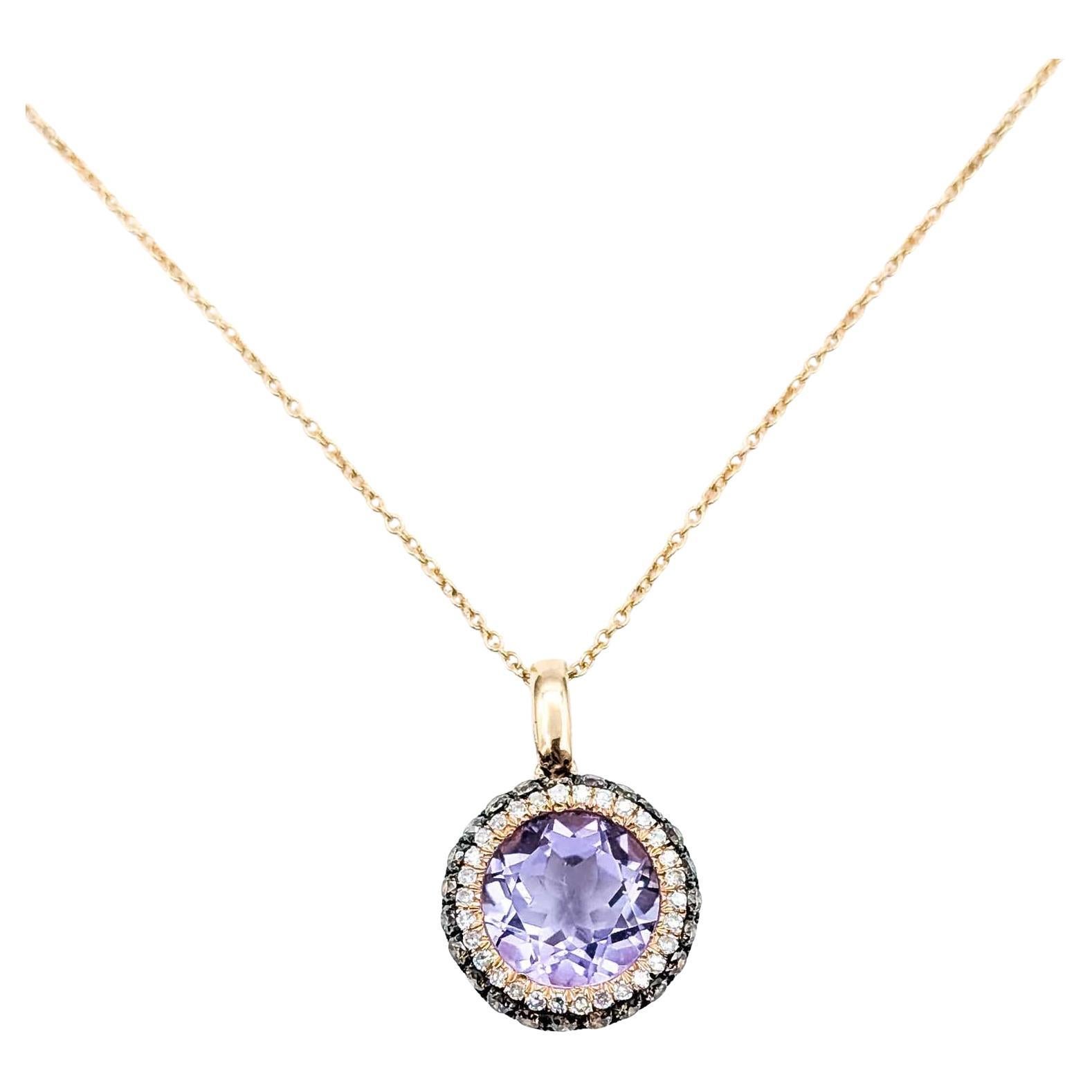 Amethyst & Diamond Halo Pendant in 14k Rose Gold